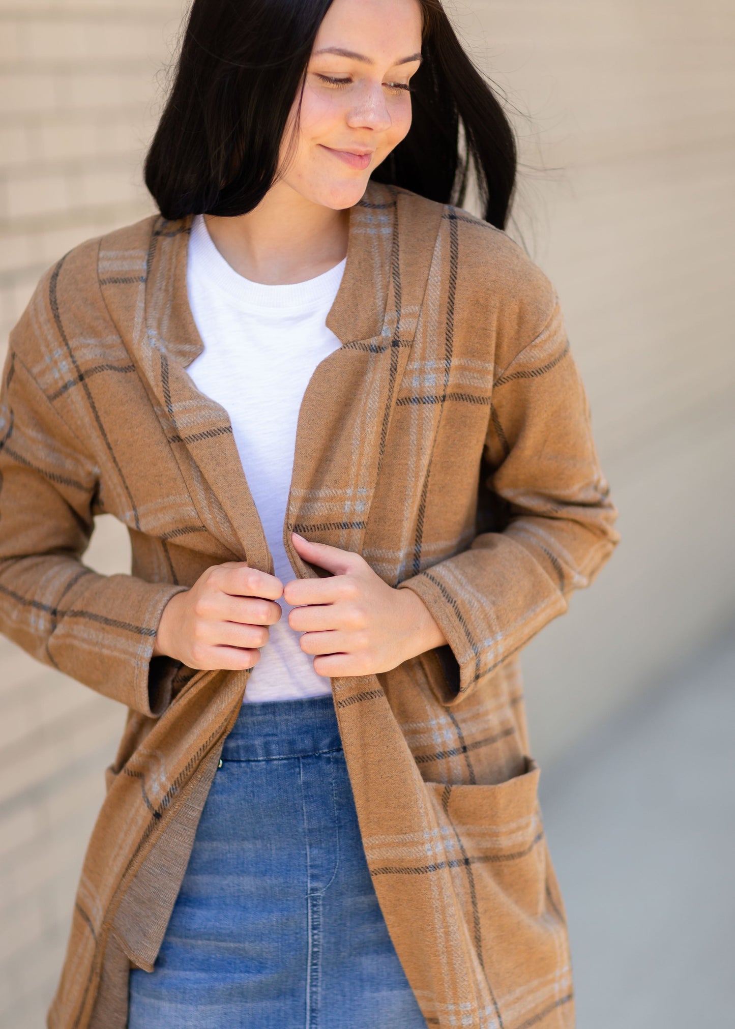 Brown Striped Long Sleeve Blazer Tops