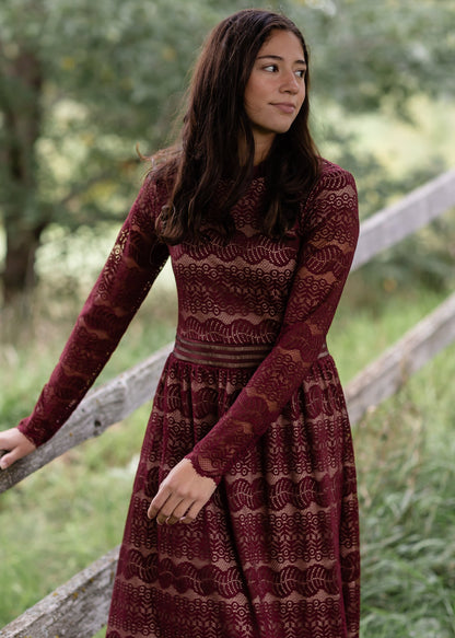 Burgandy Ruffle Detail Lace Overlay Maxi Dress Dresses Polagram