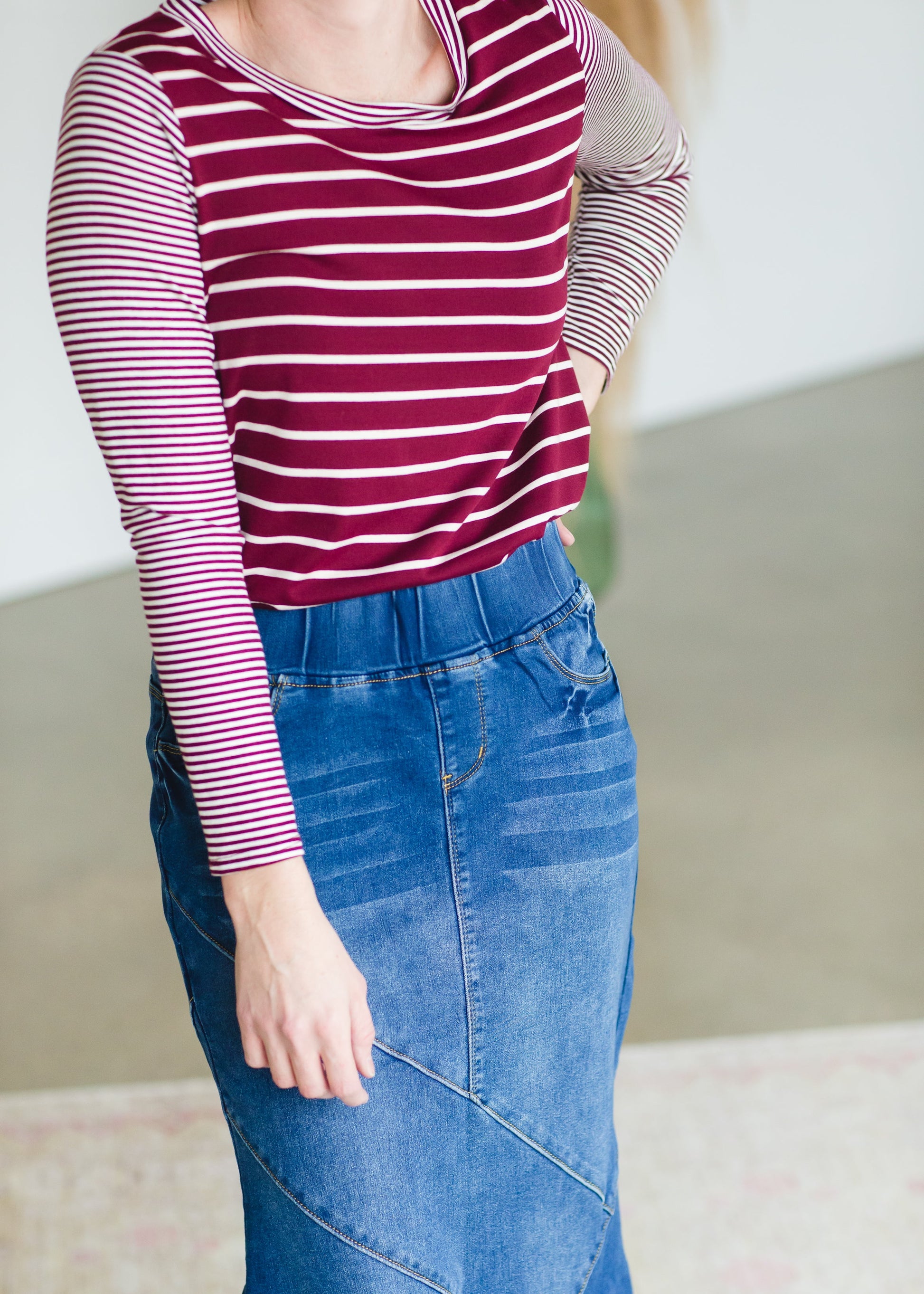 Burgundy Mixed Striped Long Sleeve Top - FINAL SALE Tops