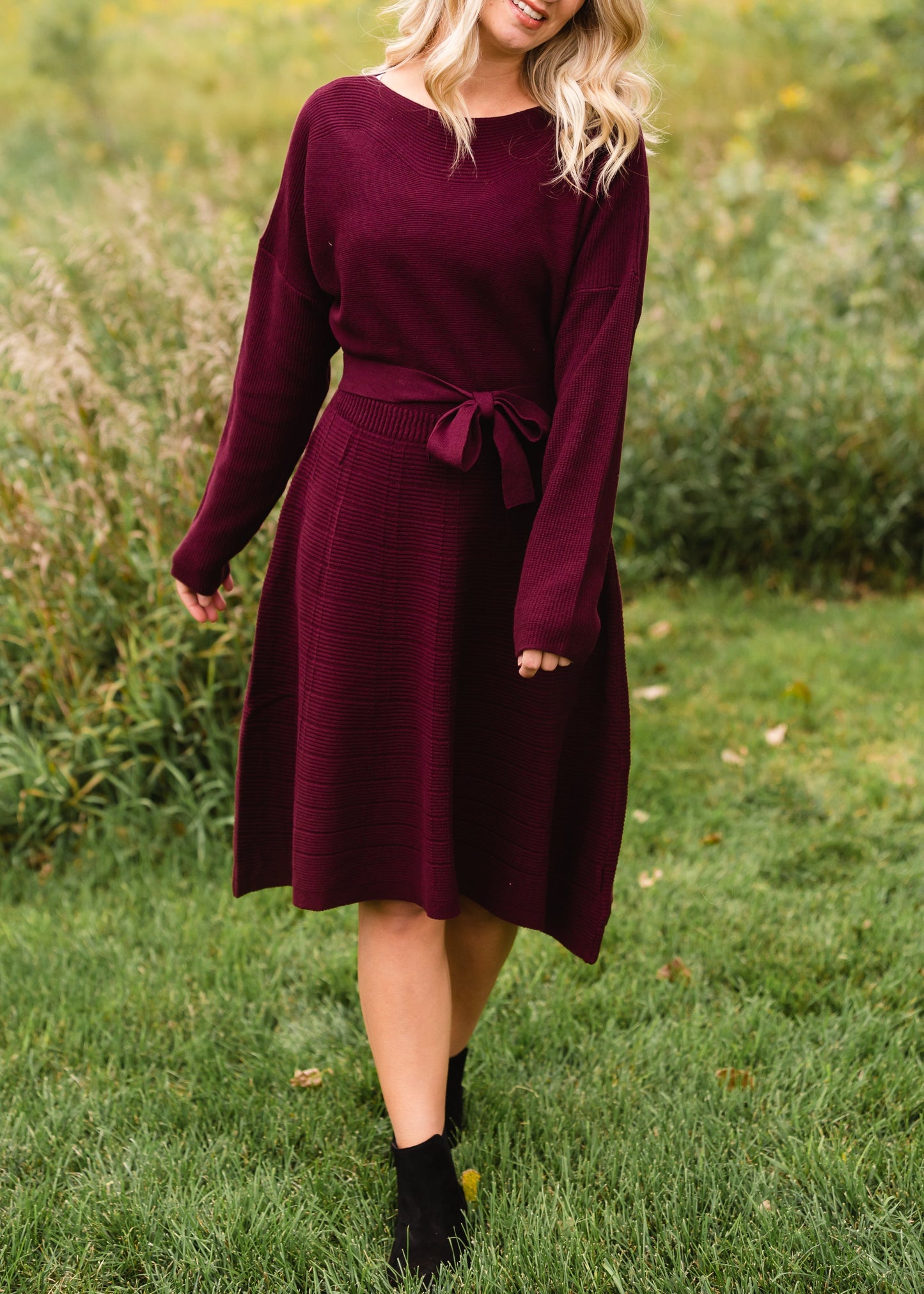 Burgundy Tie Waist Sweater Dress - FINAL SALE Dresses