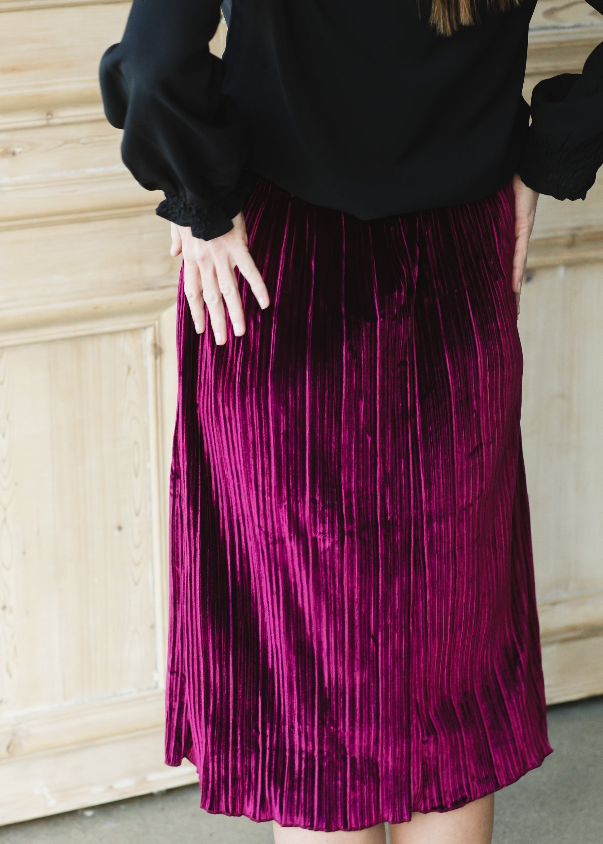 Burgundy Velvet Pleated Midi Skirt - FINAL SALE Skirts