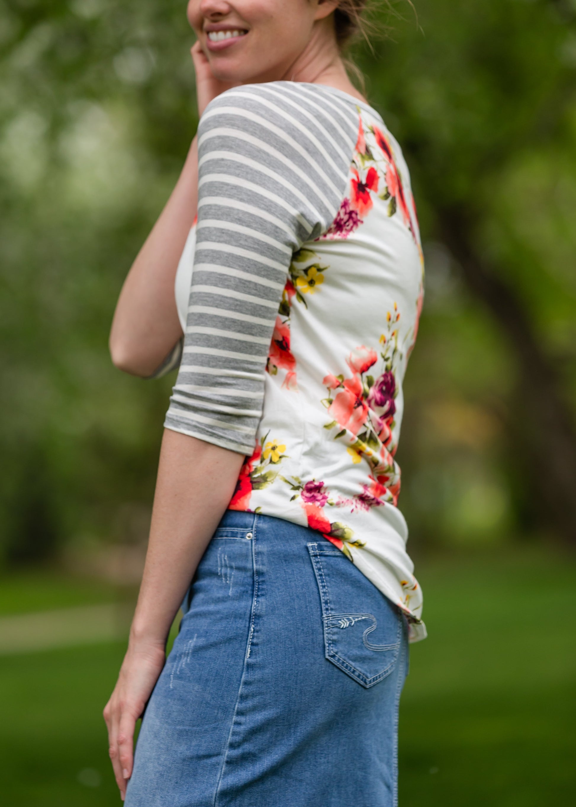 Buttery Soft Floral and Stripe Raglan Top Tops