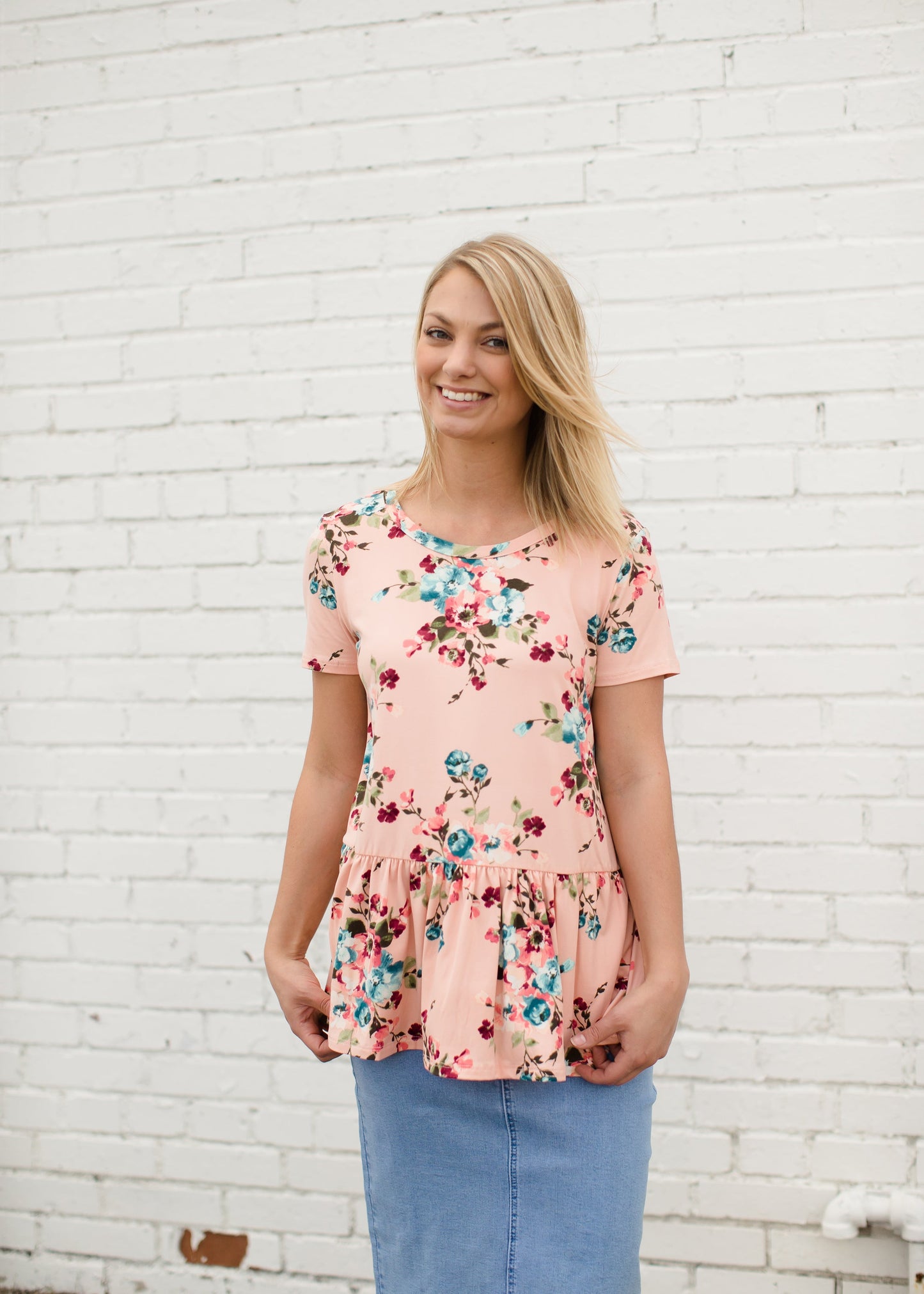 Coral Floral Modest Peplum Top