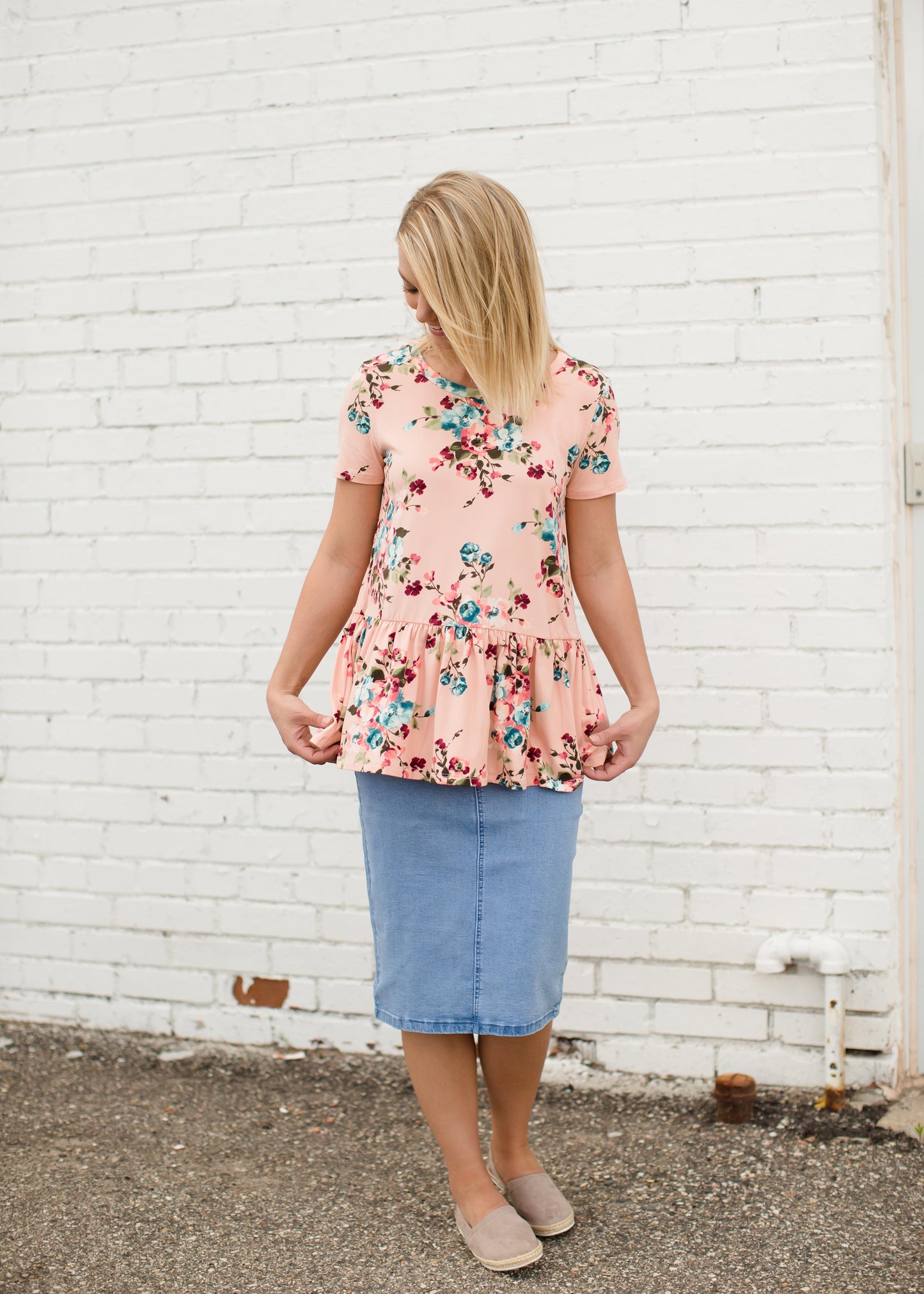 Coral Floral Modest Peplum Top