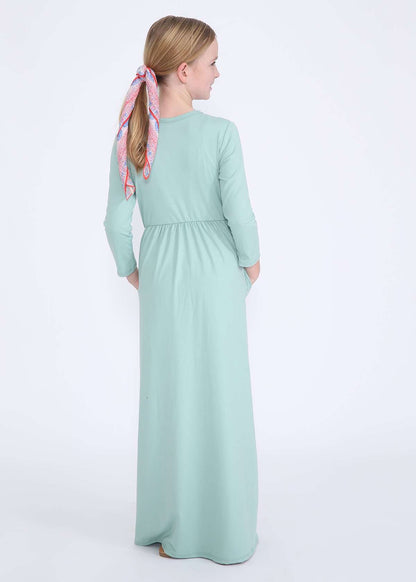 Modest girls mint maxi dress with faux buttons