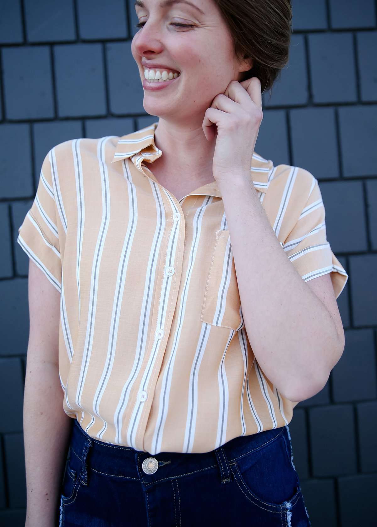 Modest women's button down collared mustard striped top