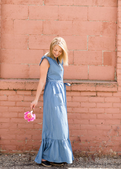 Women's Button Front Denim Maxi Dress with Waist Tie