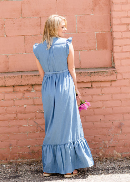 Women's Button Front Denim Maxi Dress with Waist Tie