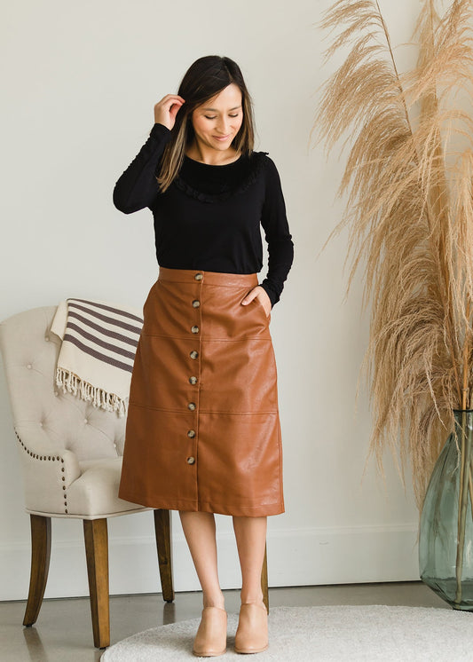 Button Front Faux Leather Midi Skirt - FINAL SALE Skirts