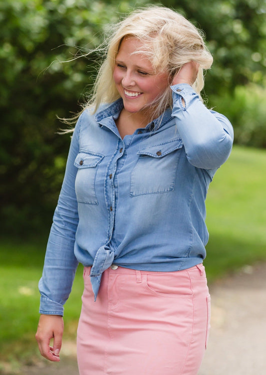 Button Up Denim Chambray Top Tops