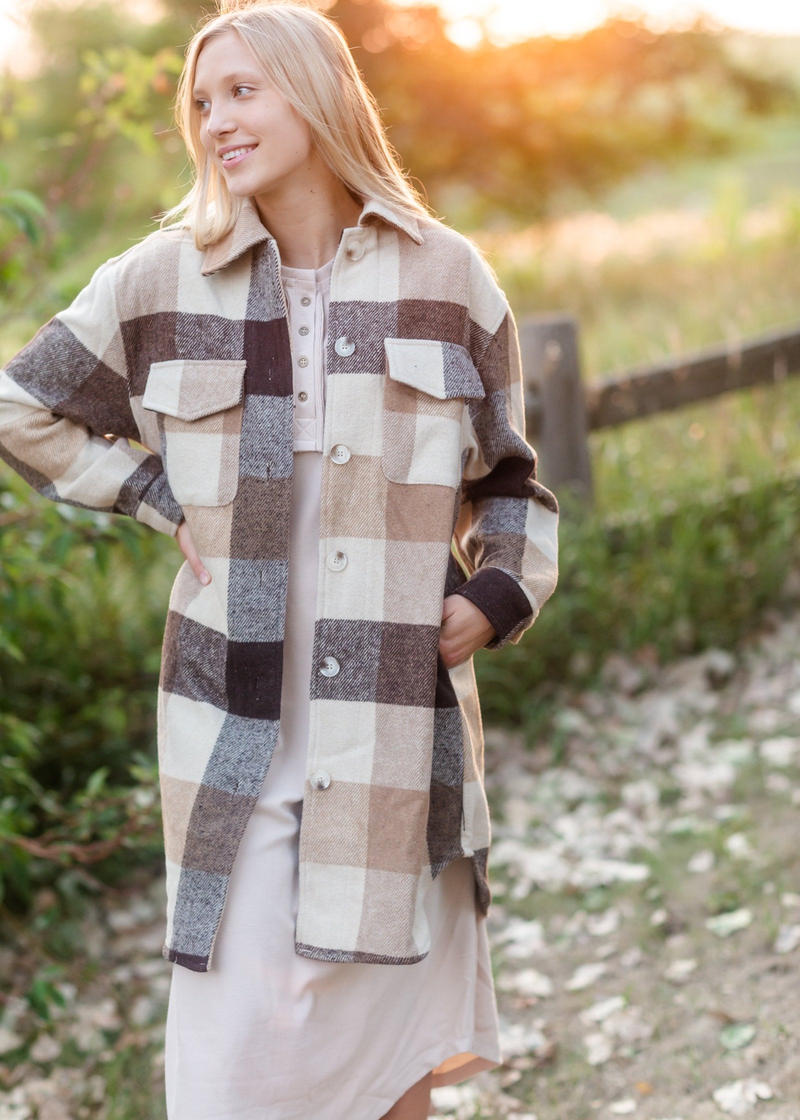 Camel Plaid Button Front Shacket Tops Polygram