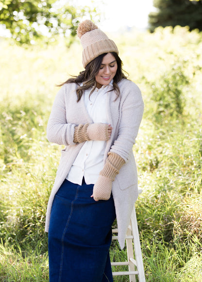 cashmere waffle knit hat and gloves in a taupe color