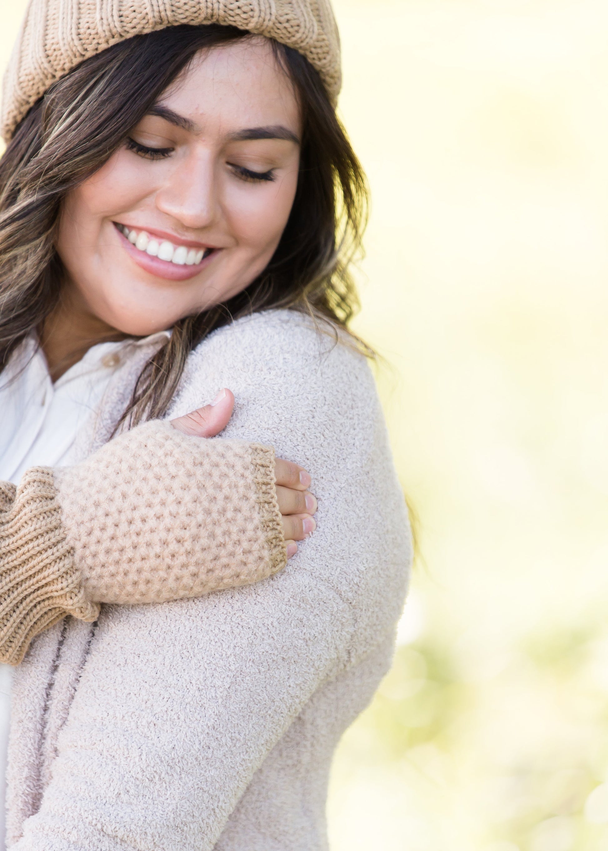 cashmere waffle knit hat and gloves in a taupe color