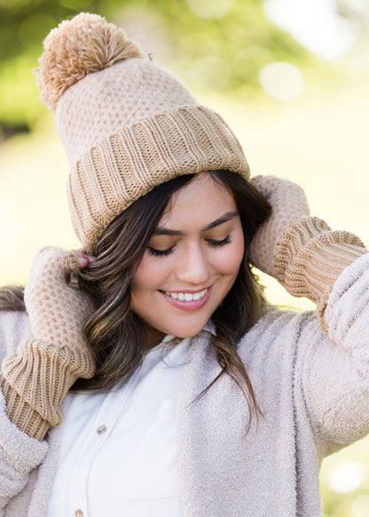 cashmere waffle knit hat and gloves in a taupe color