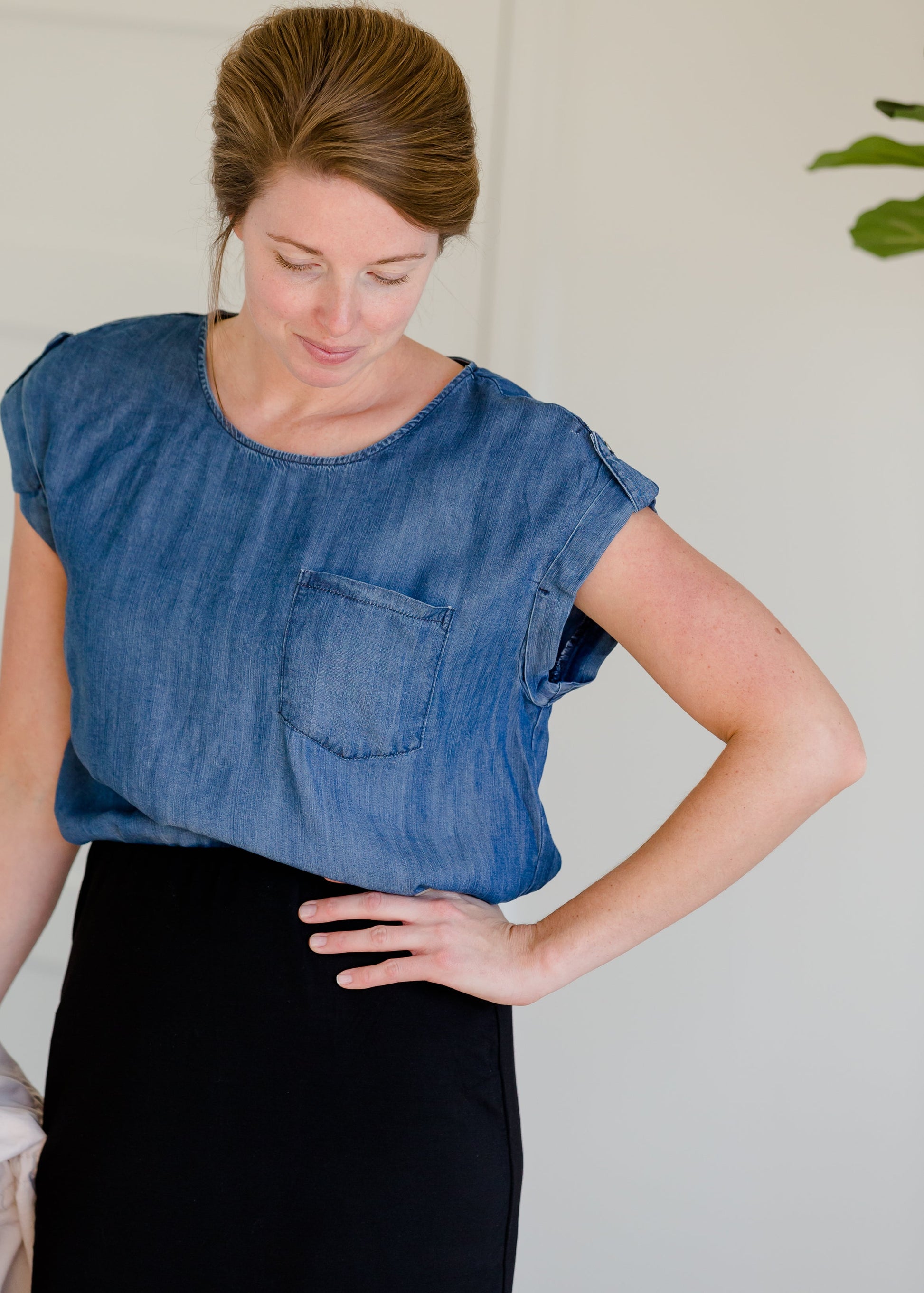 Chambray Button Back Pocket Top Tops