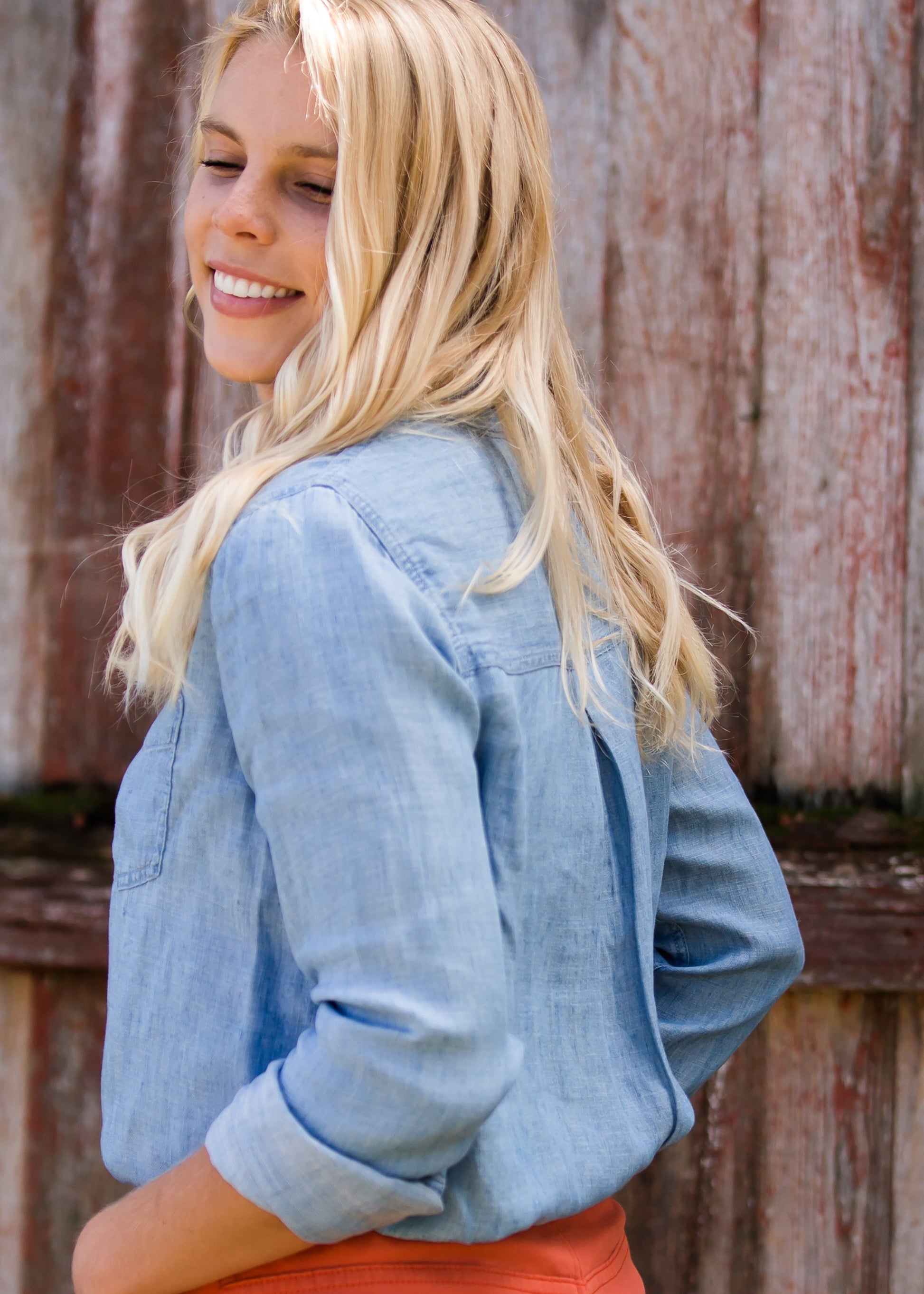 Womens Chambray Button Up Pocket Top