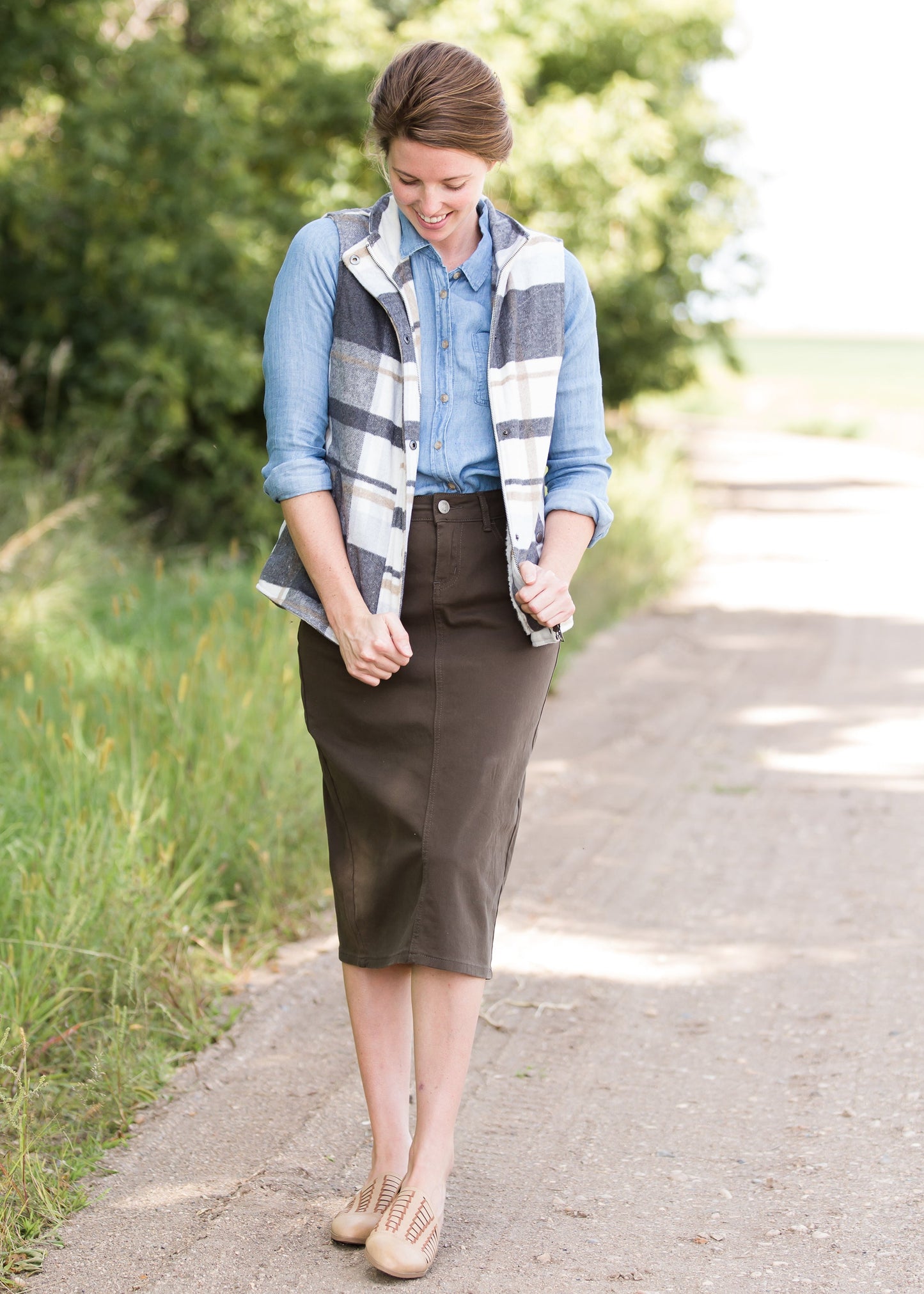 Womens Chambray Button Up Pocket Top