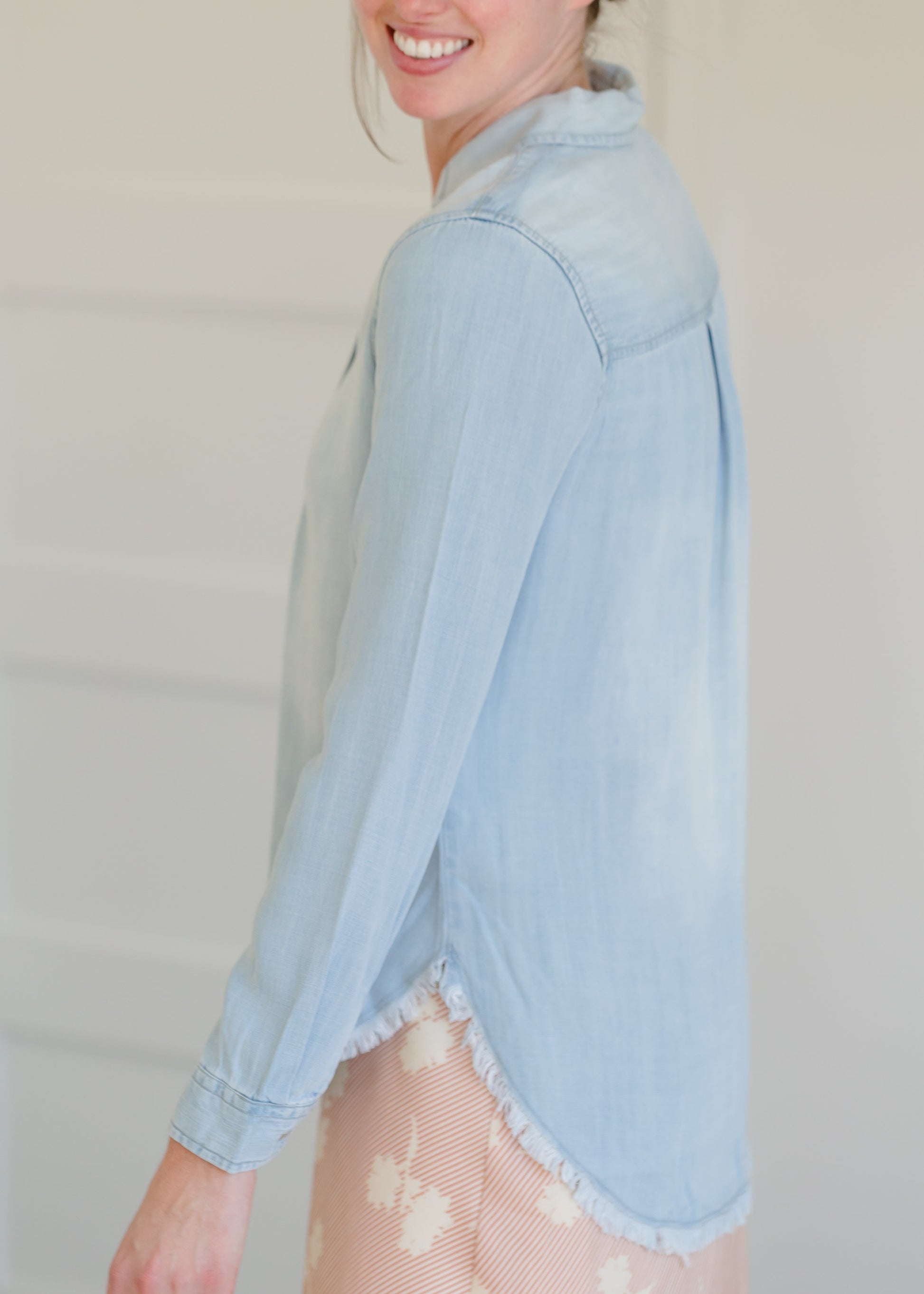 Chambray Fringe Hem Button Up Top - FINAL SALE Tops