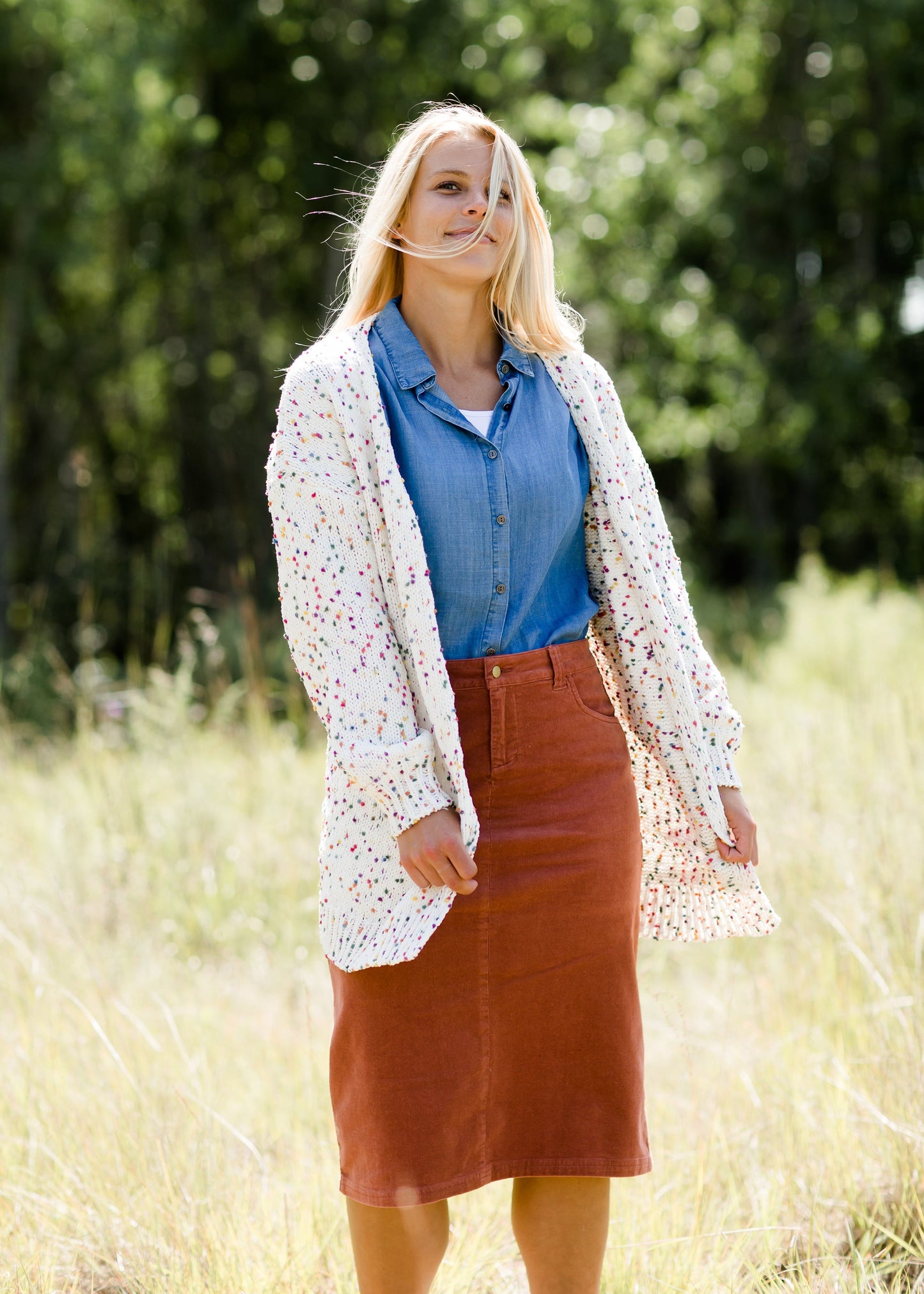 multi color popcorn knit open front ivory cardigan