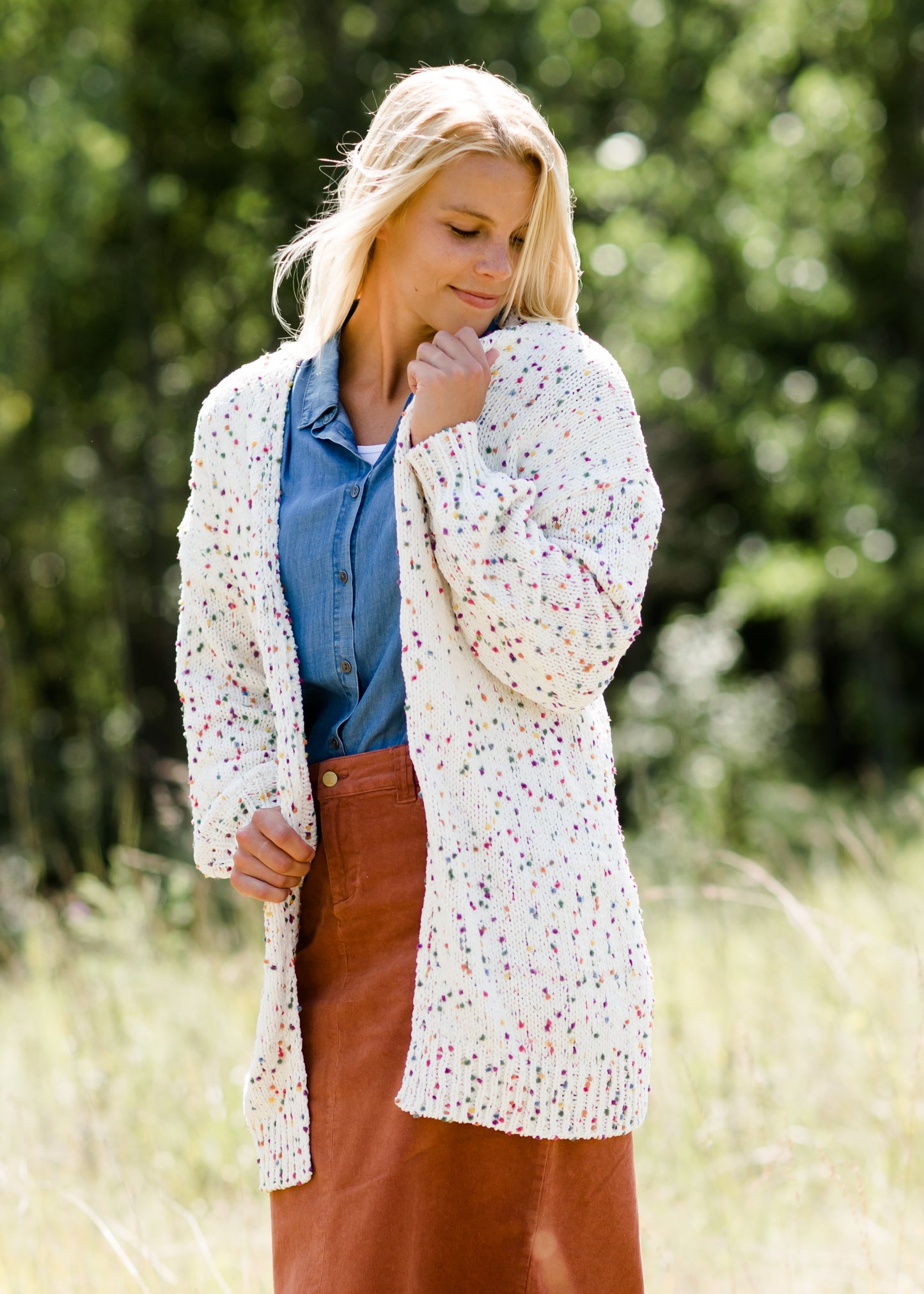 multi color popcorn knit open front ivory cardigan