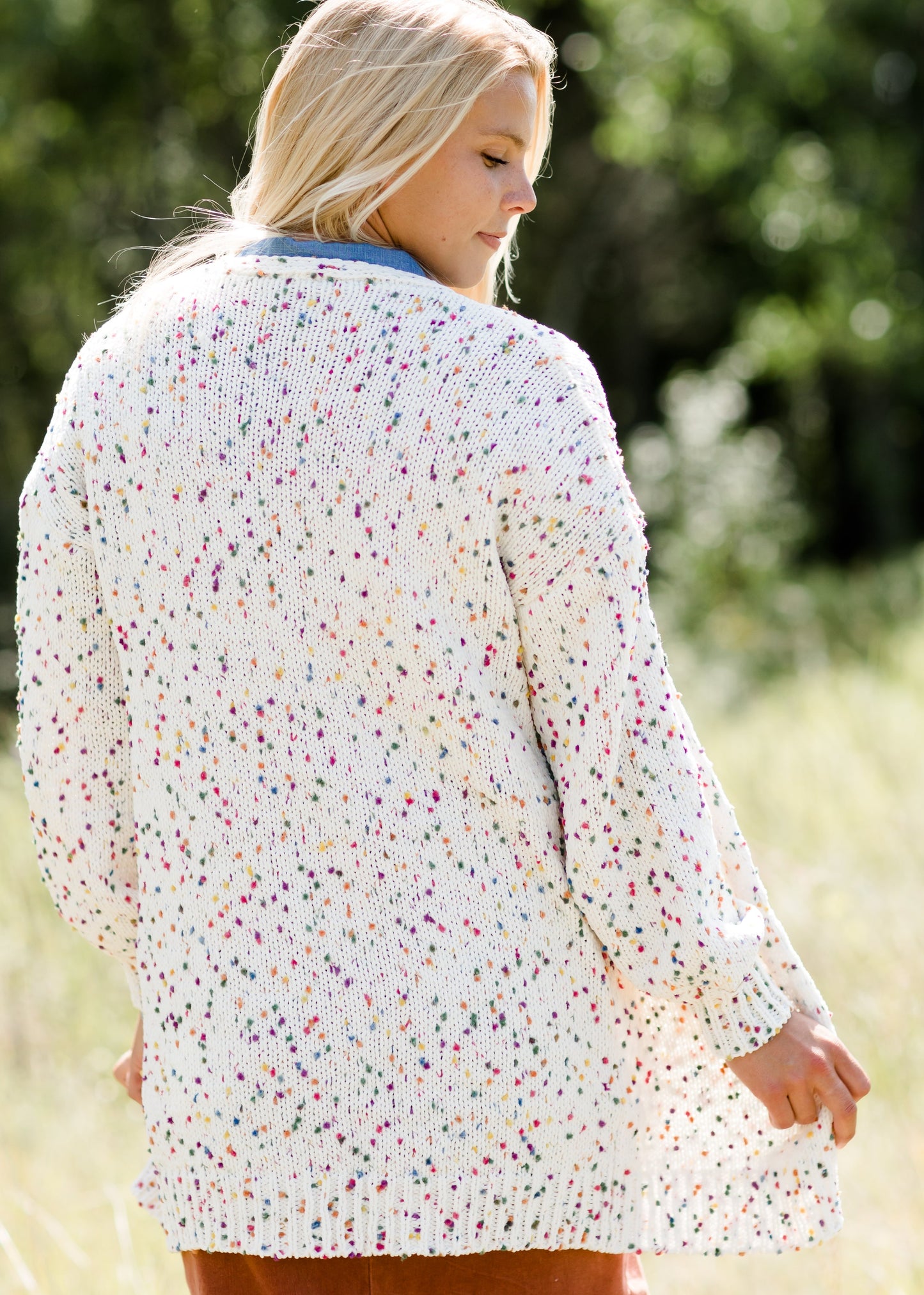 multi color popcorn knit open front ivory cardigan