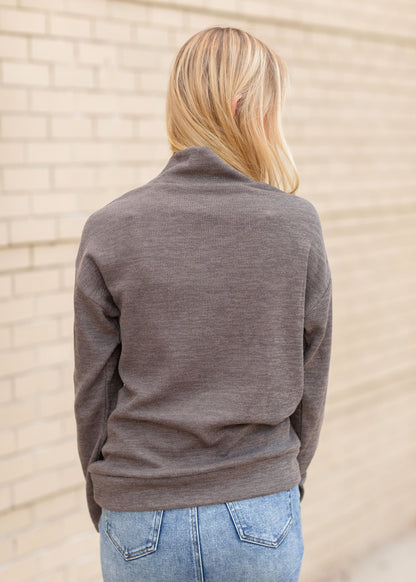 Charcoal Mock Neck Pullover With Side Button Detail Tops