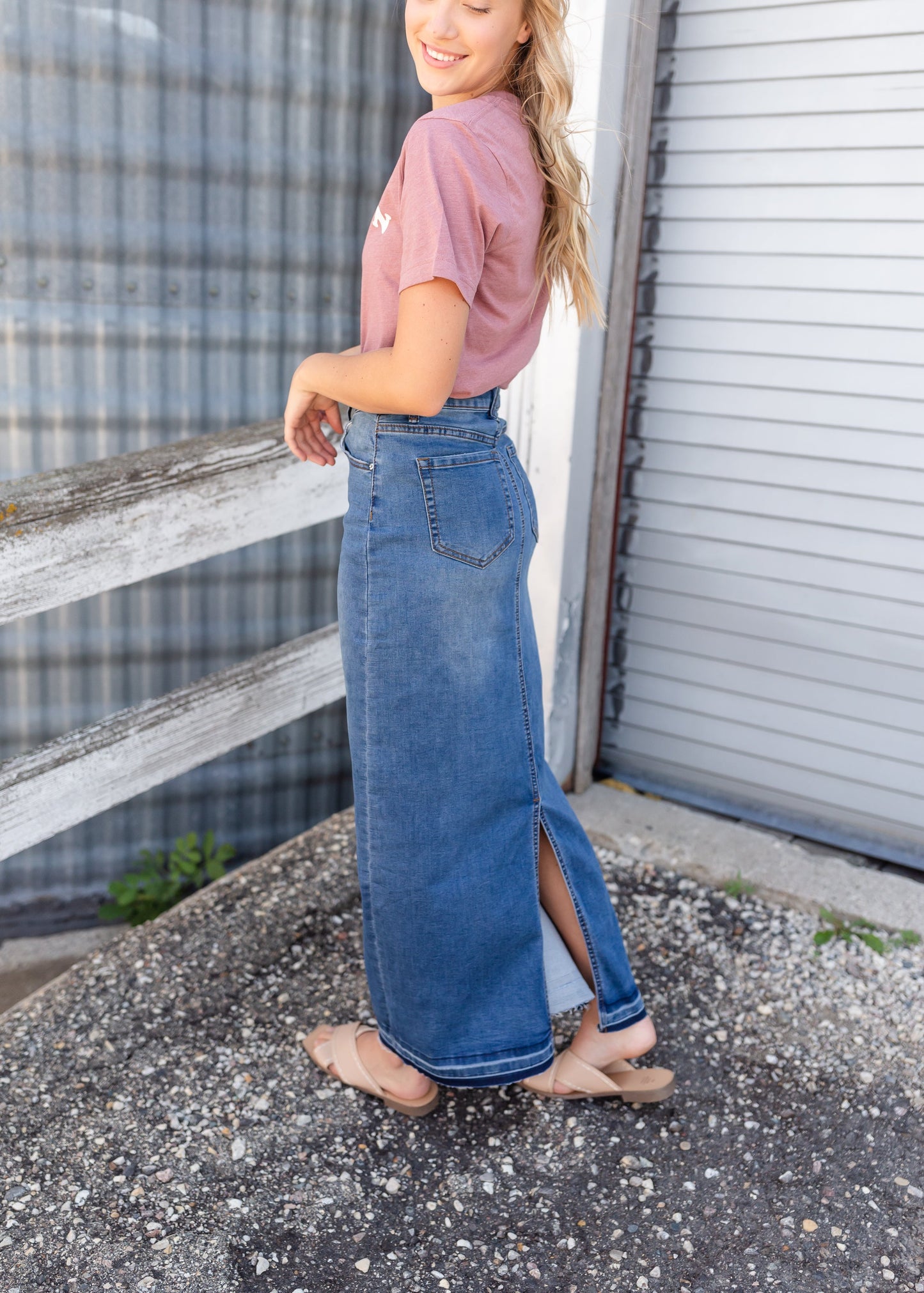 Cheyenne Distressed Raw Hem Long Denim Skirt Skirts