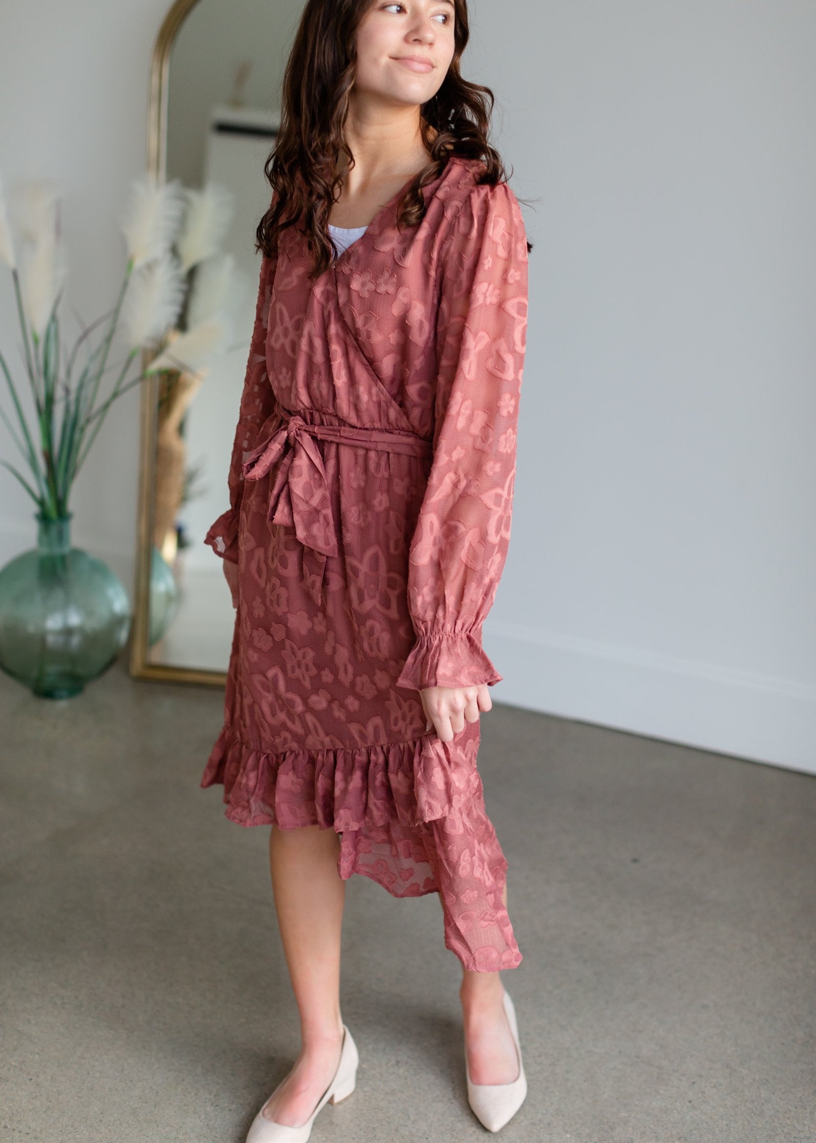 Cinched Long Sleeve Wrap Midi Dress Dresses Tea & Rose