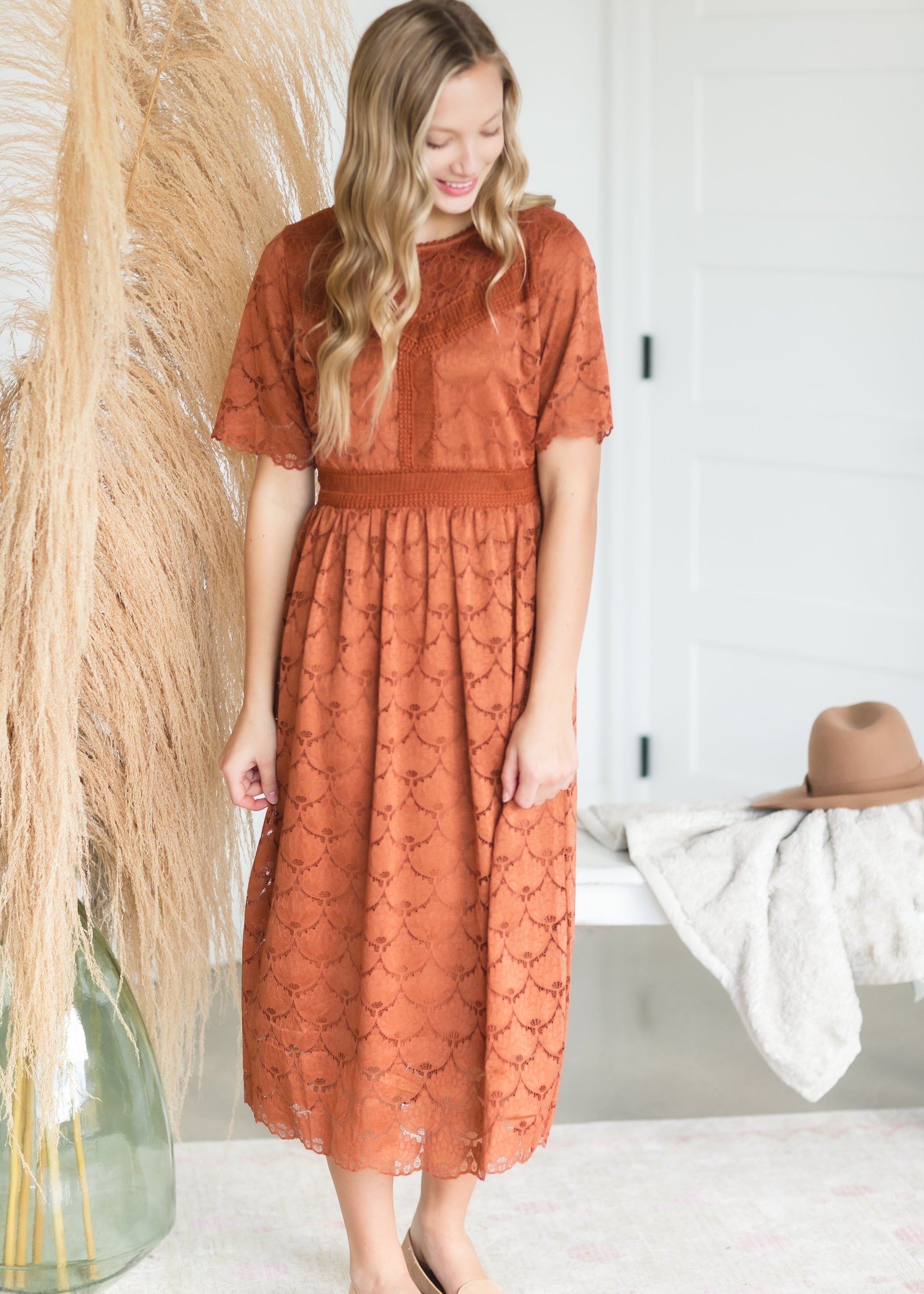 Cognac Scallop Lace Midi Dress - FINAL SALE Dresses