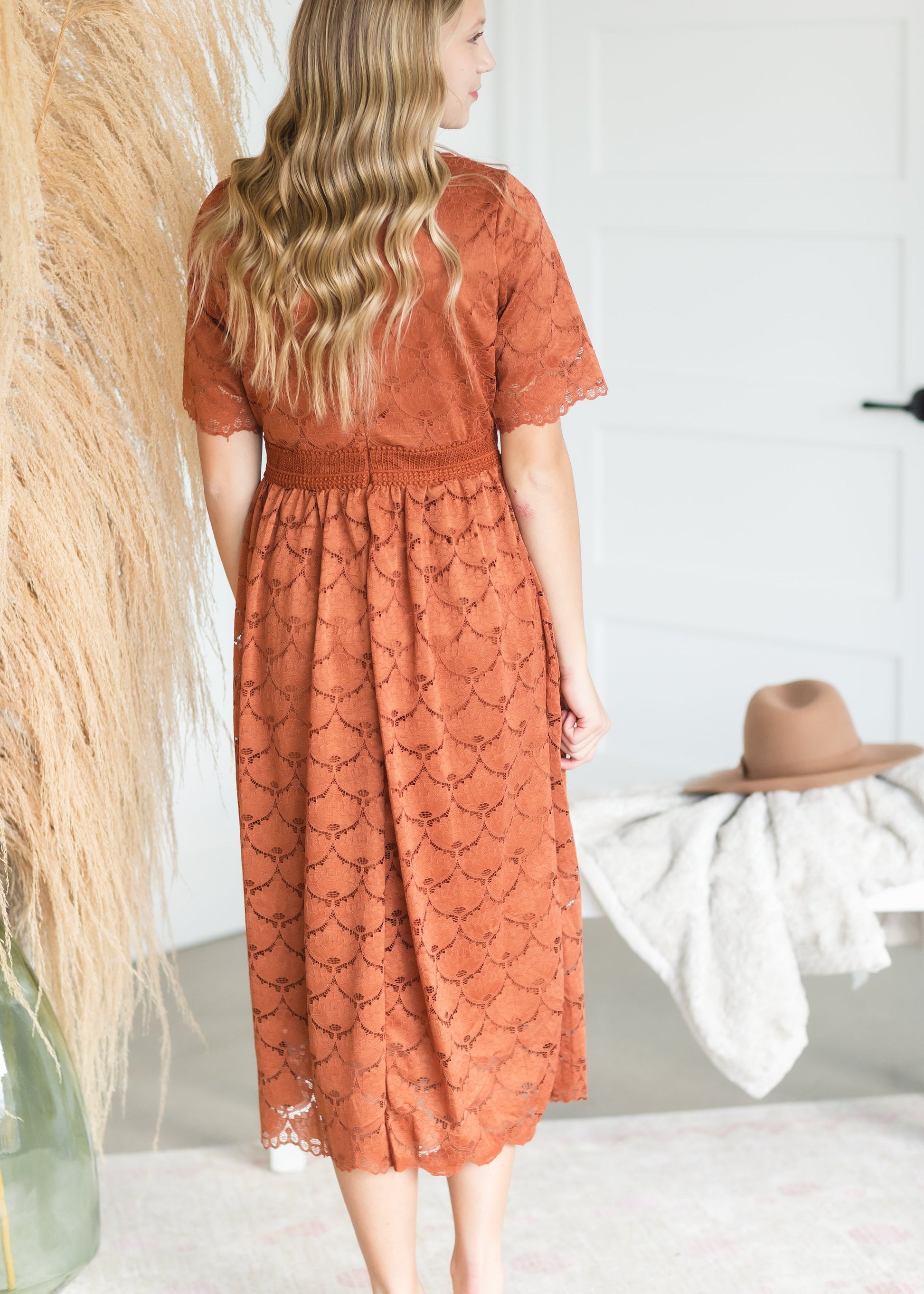 Cognac Scallop Lace Midi Dress - FINAL SALE Dresses