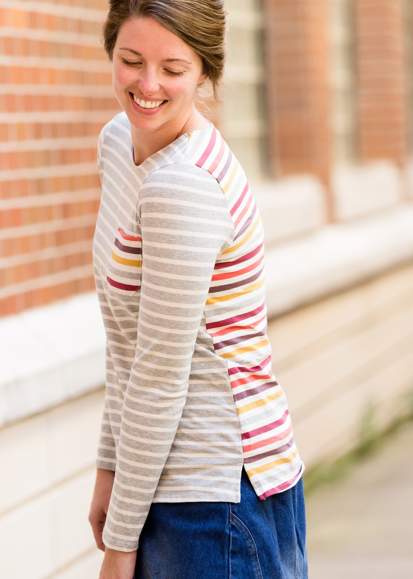 ladies long sleeve multi color striped contrast top