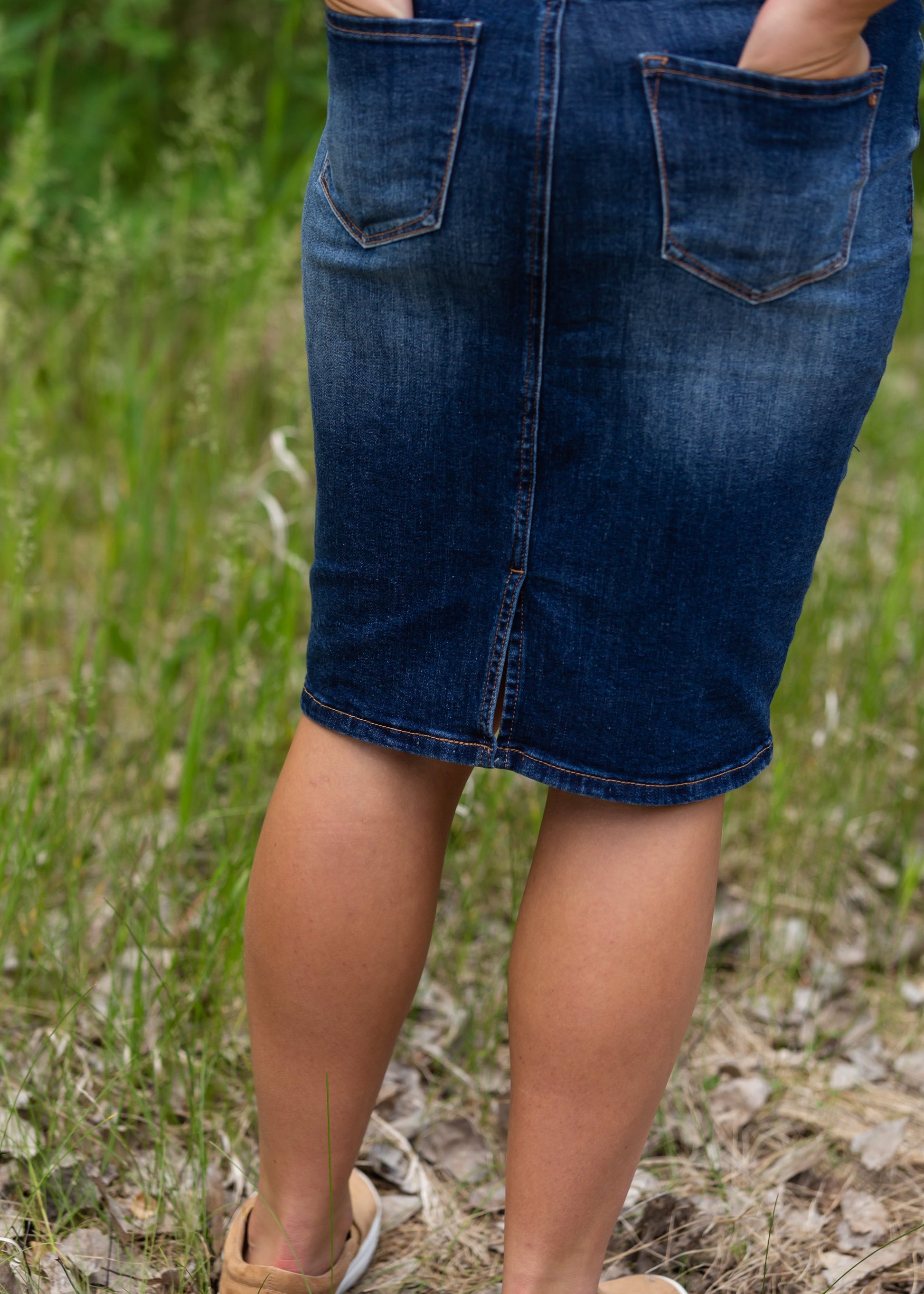 Copper Button Denim Midi Skirt Skirts