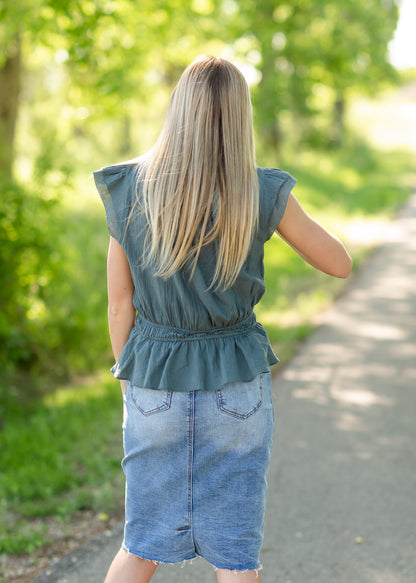 Cotton Ruffle Jade Blouse - FINAL SALE Tops