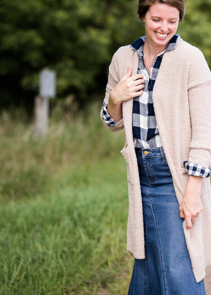 cozy sherpa long duster cardigan in taupe