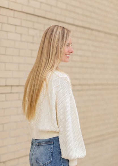 Cream Balloon Sleeve Textured Sweater Tops