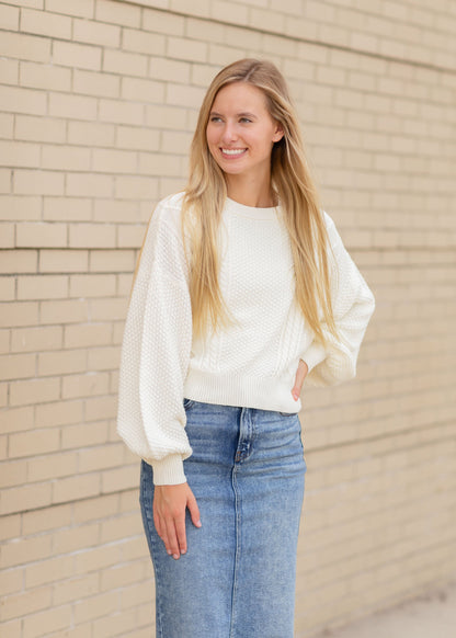 Cream Balloon Sleeve Textured Sweater Tops