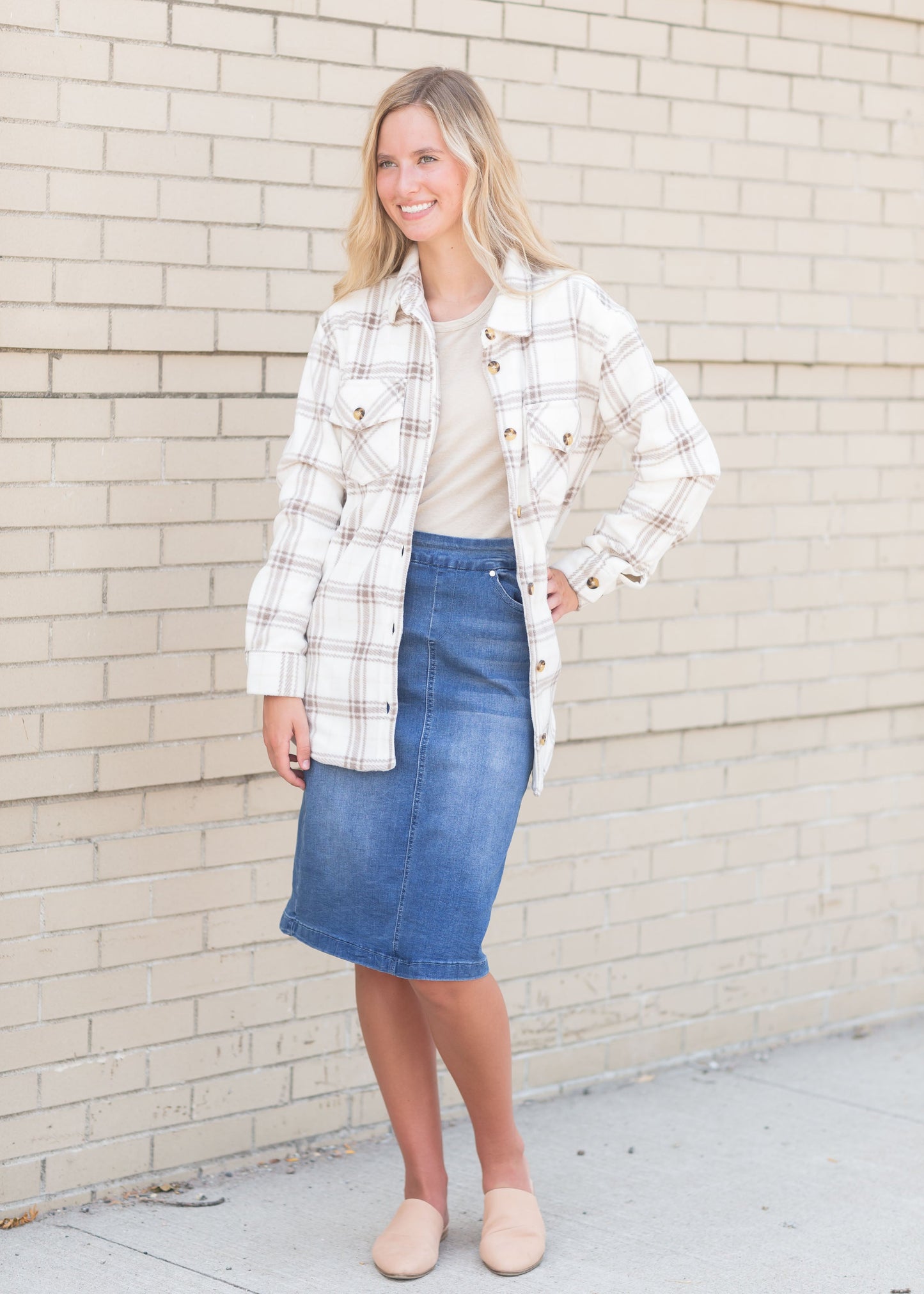 Cream Button Up Plaid Front Pocket Jacket Tops