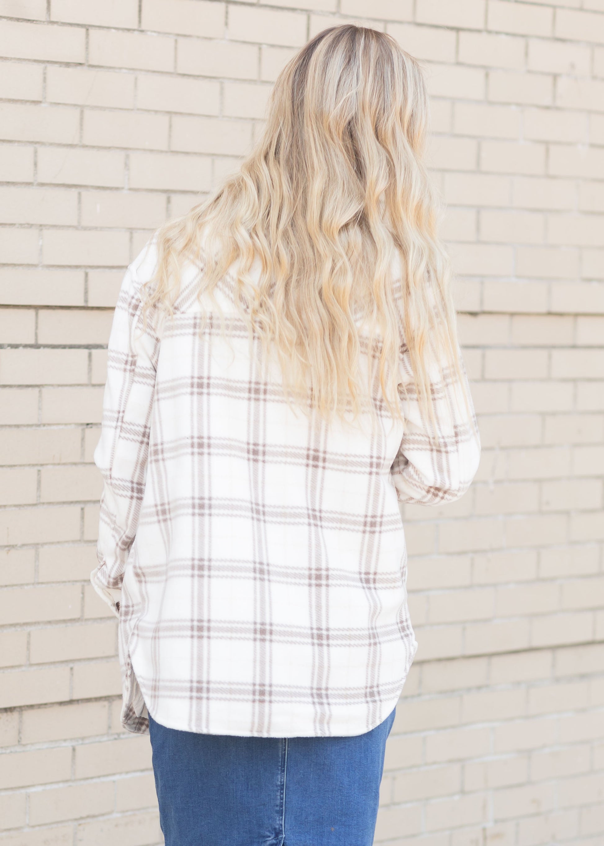 Cream Button Up Plaid Front Pocket Jacket Tops