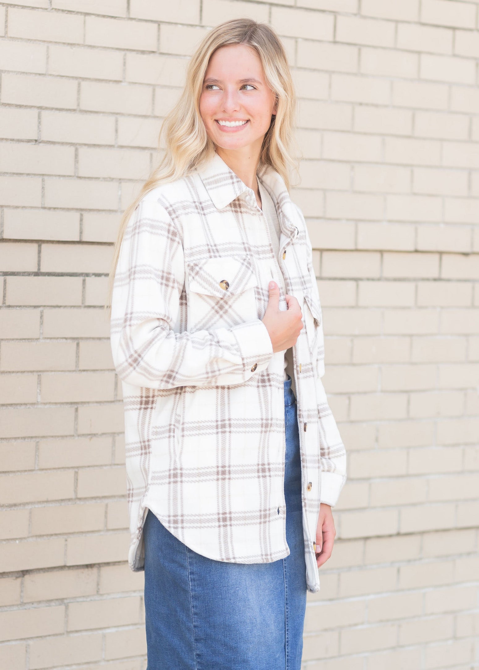 Cream Button Up Plaid Front Pocket Jacket Tops