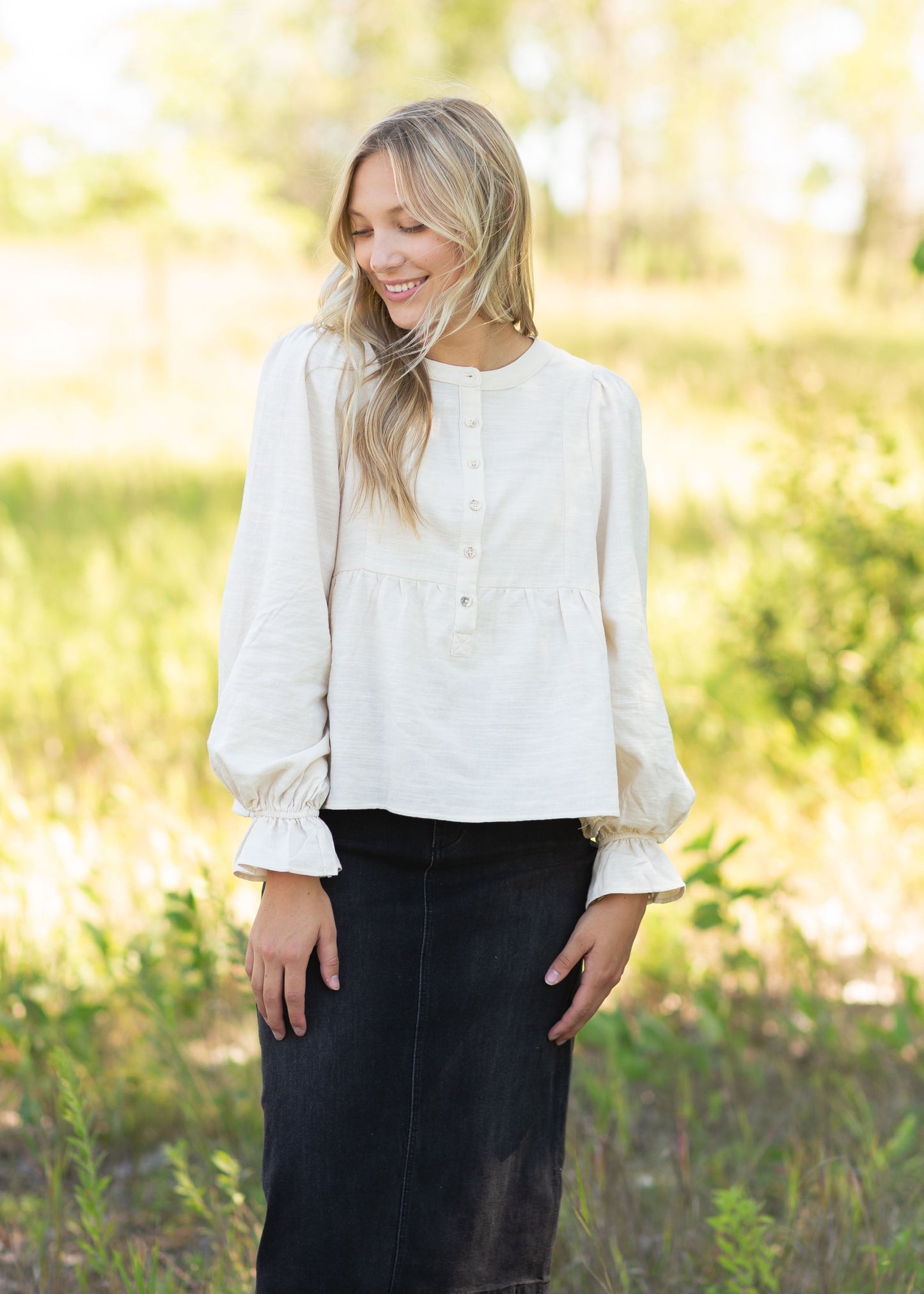 Cream Cinched Sleeve Button Up Top Tops