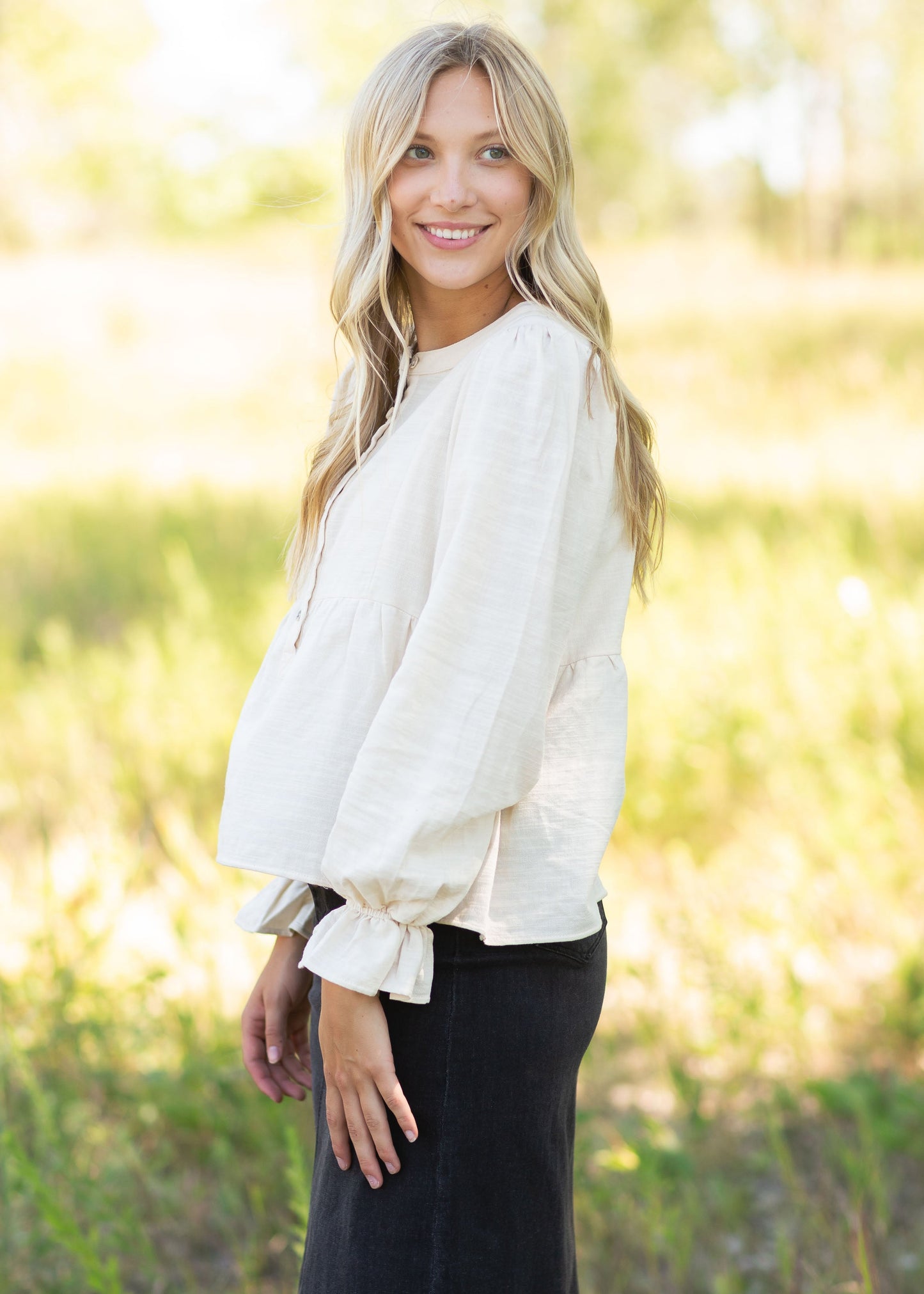 Cream Cinched Sleeve Button Up Top Tops