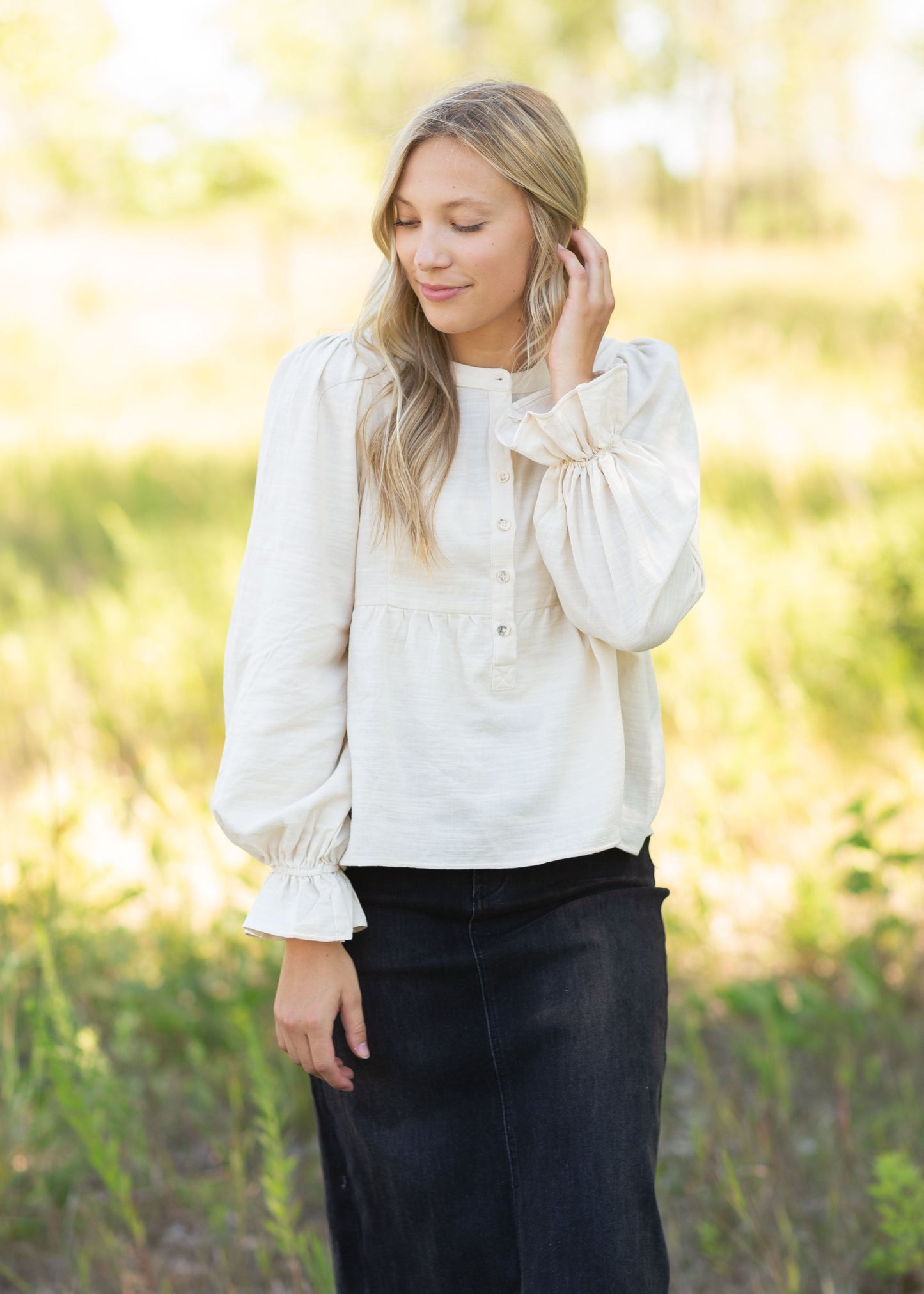 Cream Cinched Sleeve Button Up Top Tops