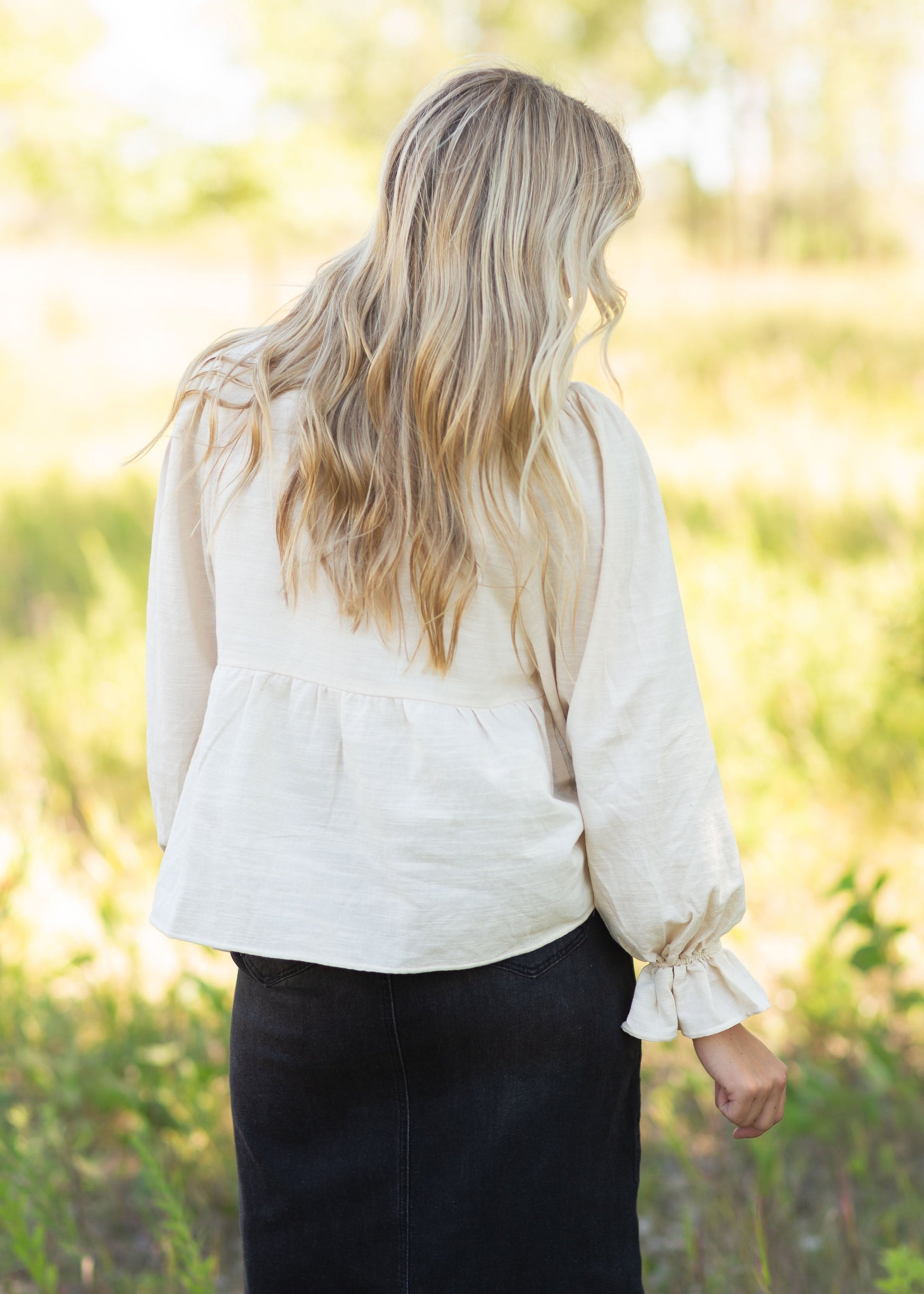 Cream Cinched Sleeve Button Up Top Tops