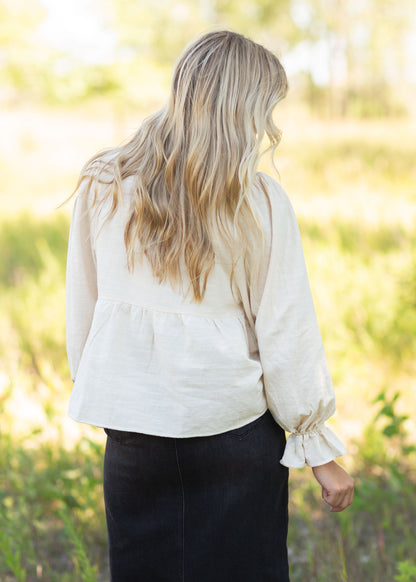 Cream Cinched Sleeve Button Up Top Tops