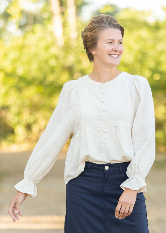 Cream Cinched Sleeve Button Up Top Tops