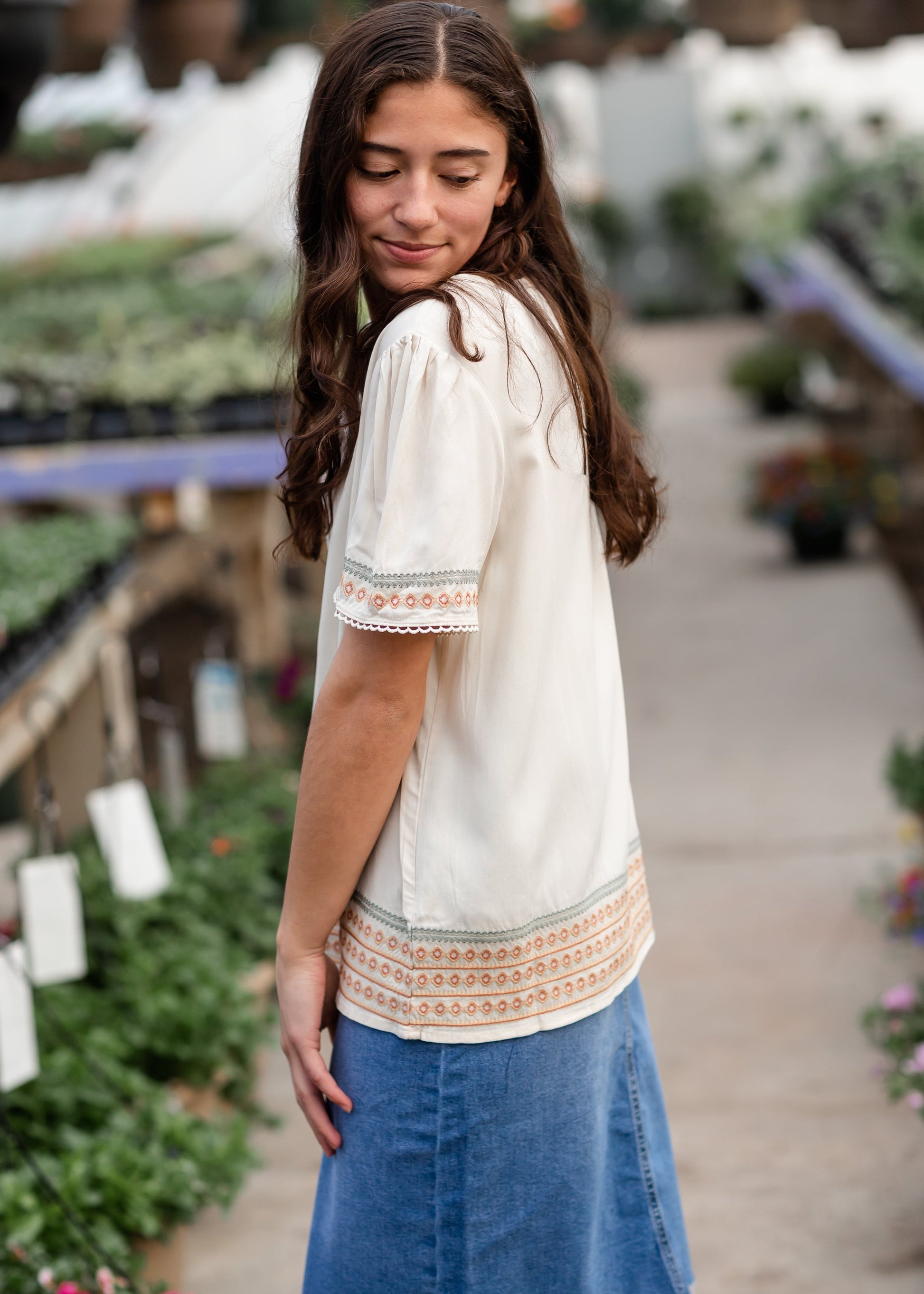 Cream Embroidered Sleeve Lace Trim Shirt Tea N Rose