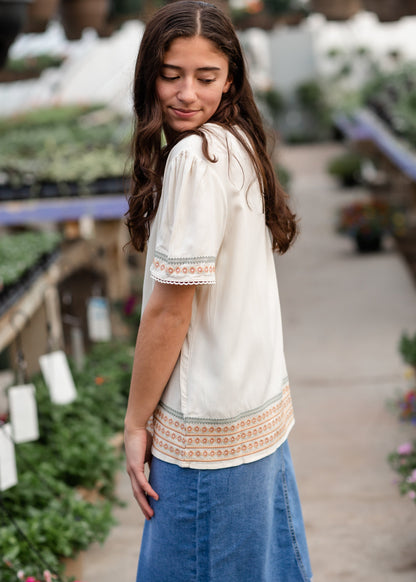 Cream Embroidered Sleeve Lace Trim Shirt Tea N Rose