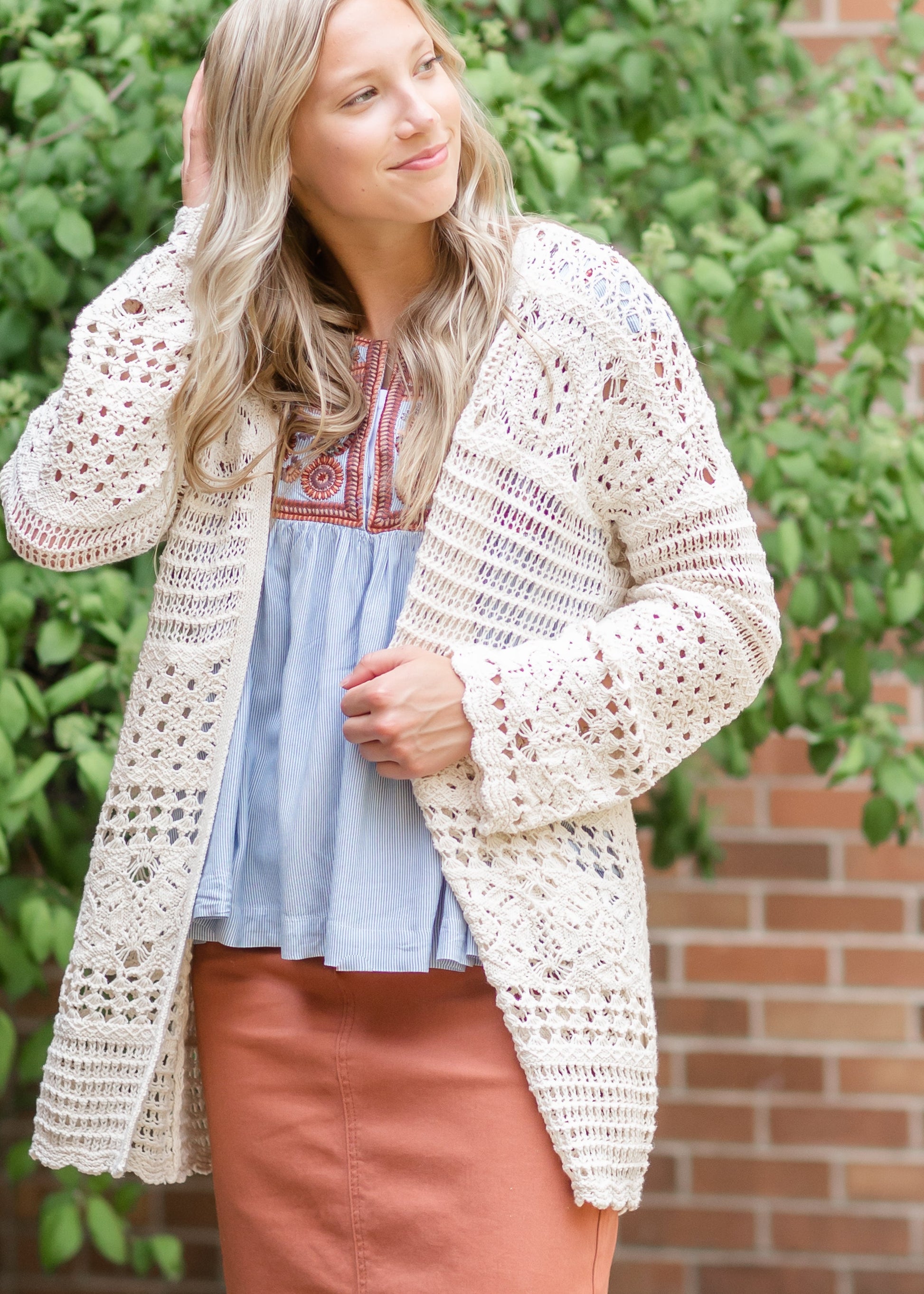 Cream Long Sleeve Cardigan Tops