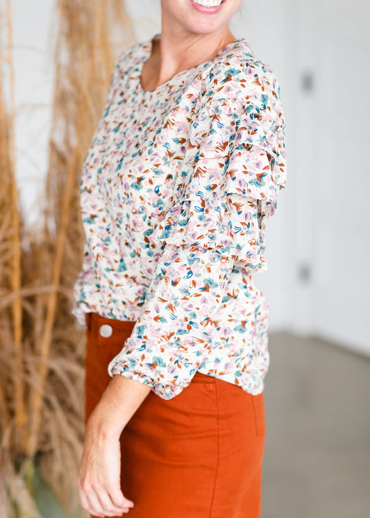 Cream Long Sleeve Floral Print Top - FINAL SALE Shirt