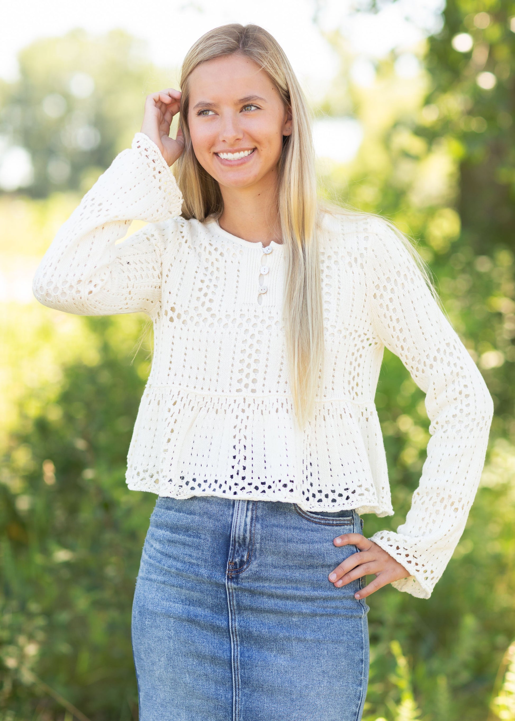 Cream Peplum Long Sleeve Sweater Tops